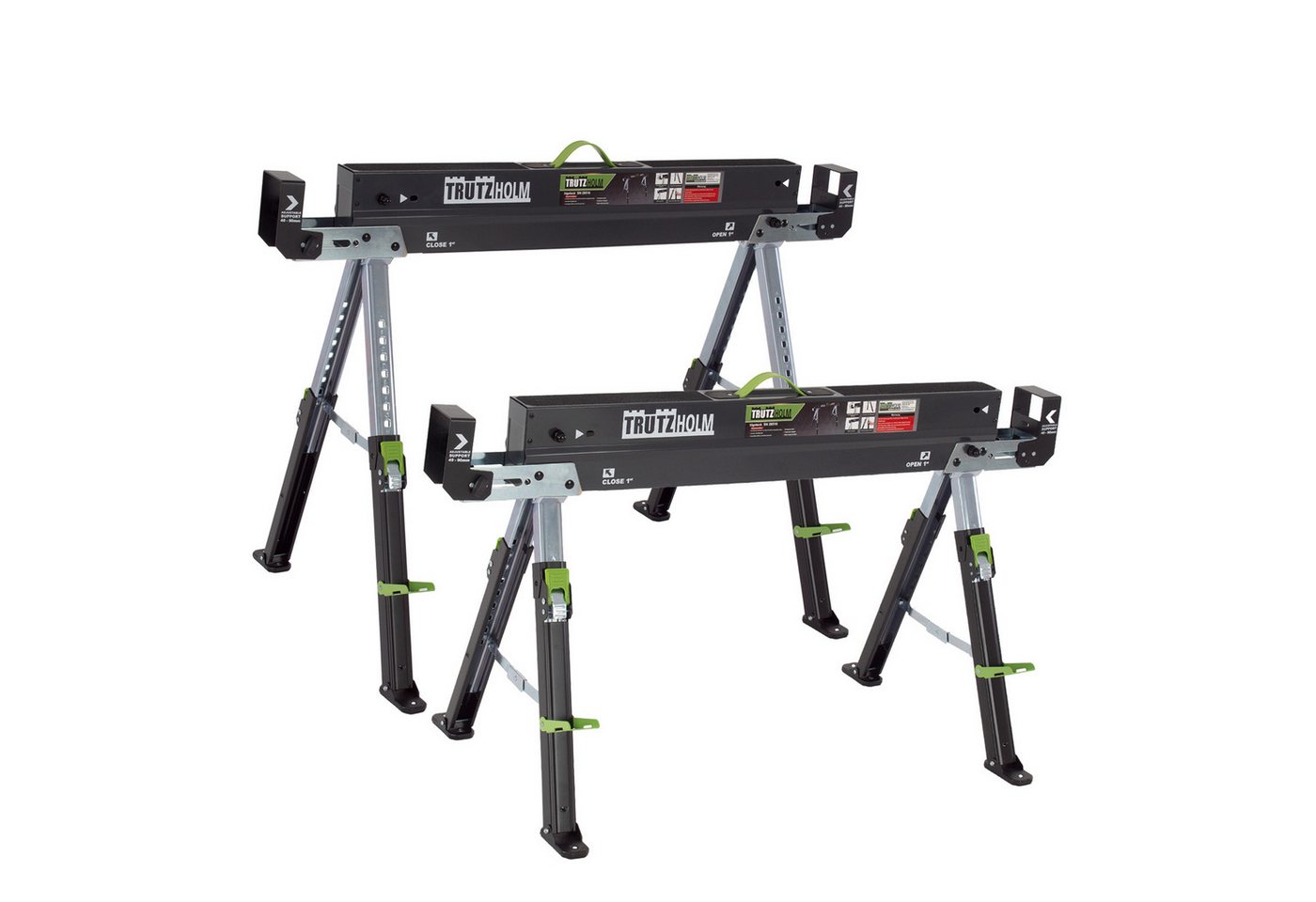 TRUTZHOLM Sägebock 2.0 DELUXE Stahl Klappbock Arbeitsbock Werkbock Unterstellbock Bock, (2er Set), klappbar, Traglast gesamt bis 1300 kg, höhenverstellbar