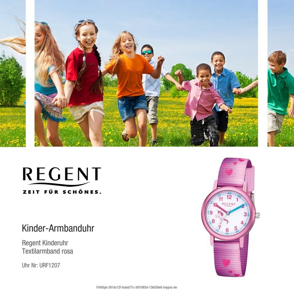 Regent Quarzuhr Regent Textil Kinder Uhr F-1207 Analog, Kinderuhr  Textilarmband rosa, rundes Gehäuse, klein (ca. 29mm)