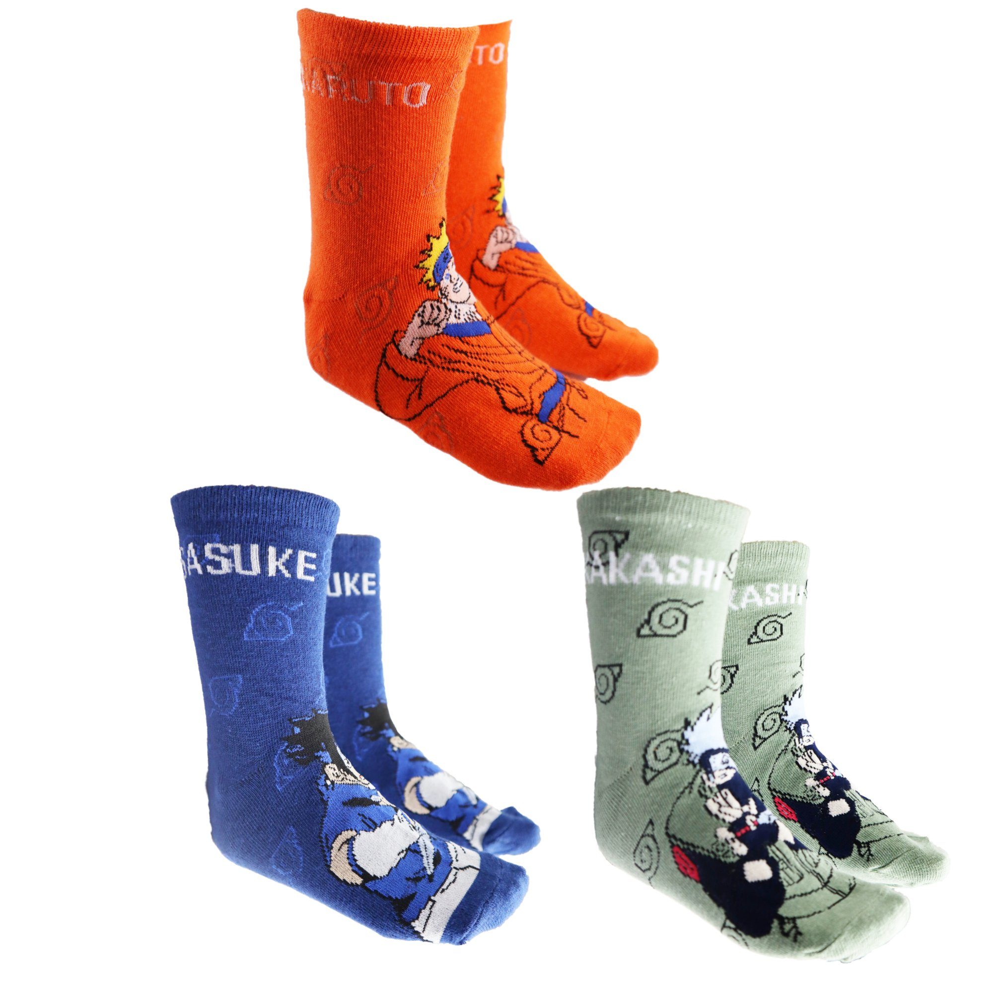 Naruto Freizeitsocken Naruto Shippuden Sasuke Kakashi Lange Kinder Шкарпетки 3er Pack Gr. 23 bis 34