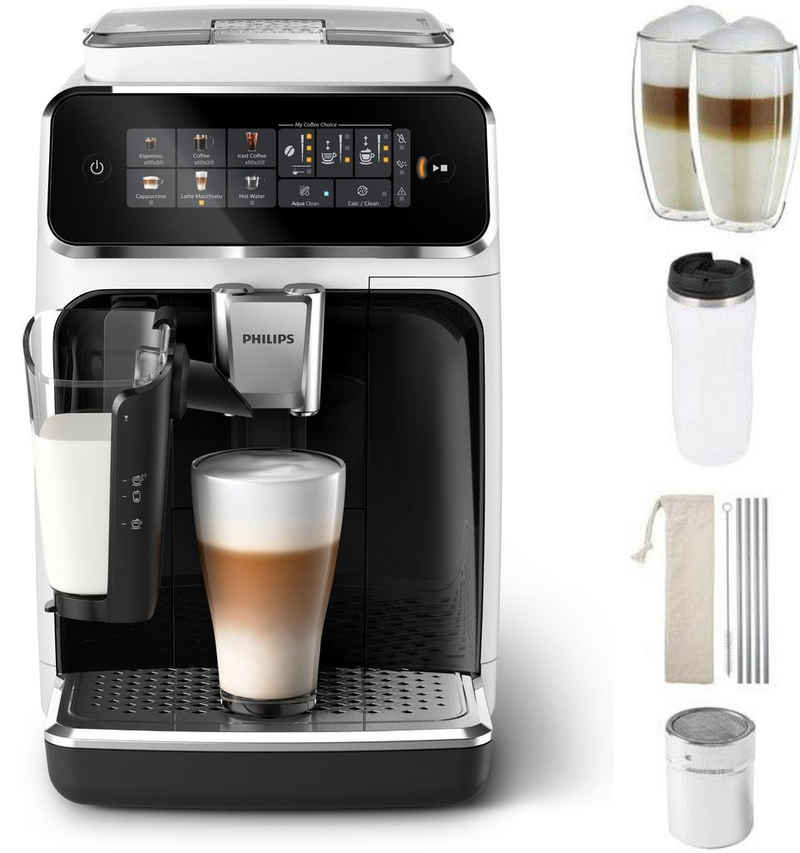 Philips Kaffeevollautomat EP3343/50 3300 Series, 6 Kaffeespezialitäten, mit LatteGo-Milchsystem, Weiß/Schwarz