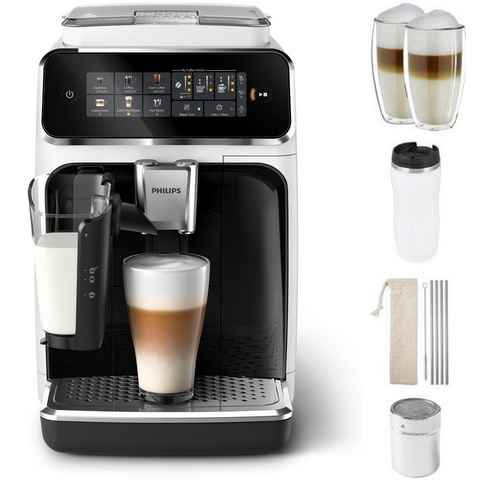 Philips Kaffeevollautomat EP3343/50 3300 Series, 6 Kaffeespezialitäten, mit LatteGo-Milchsystem, Weiß/Schwarz