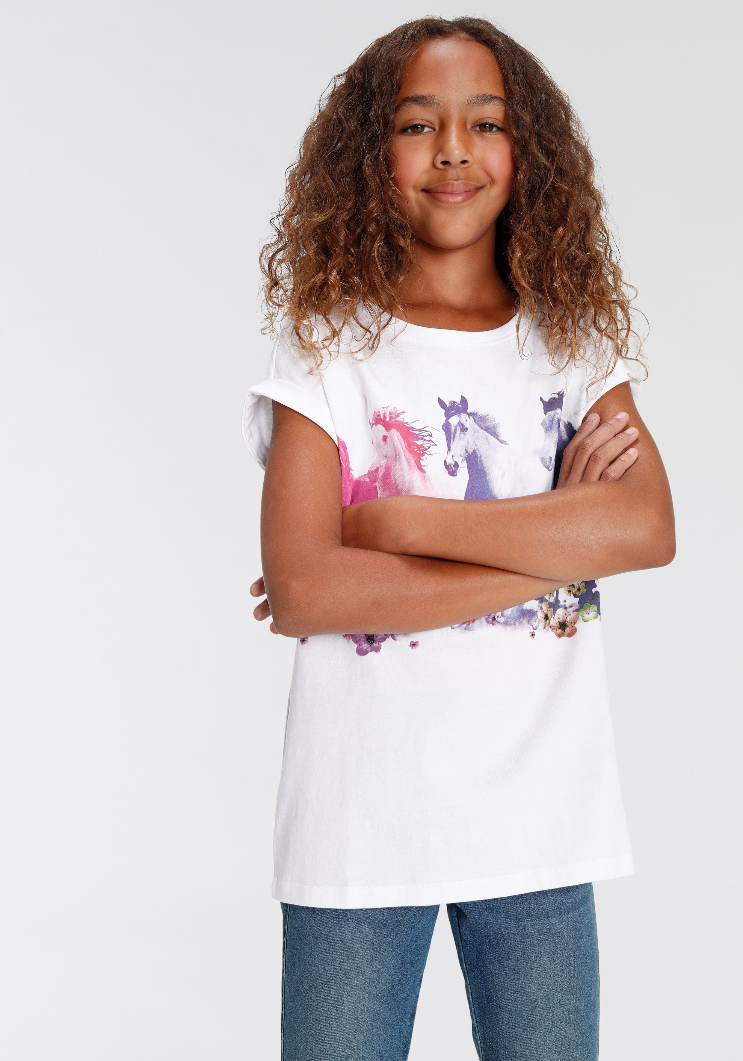 KIDSWORLD T-Shirt Pferde Kurzarm, bedruckt, Rundhalsausschnitt, aus Baumwolle