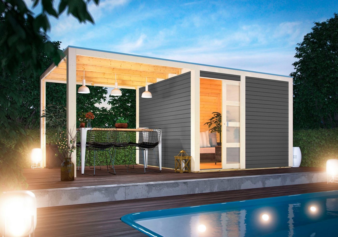Thumbnail - Karibu Gartenhaus Quellsee 2, BxT: 542,5x276 cm, (Set), mit Anbaudach, naturbelassen oder terragrau