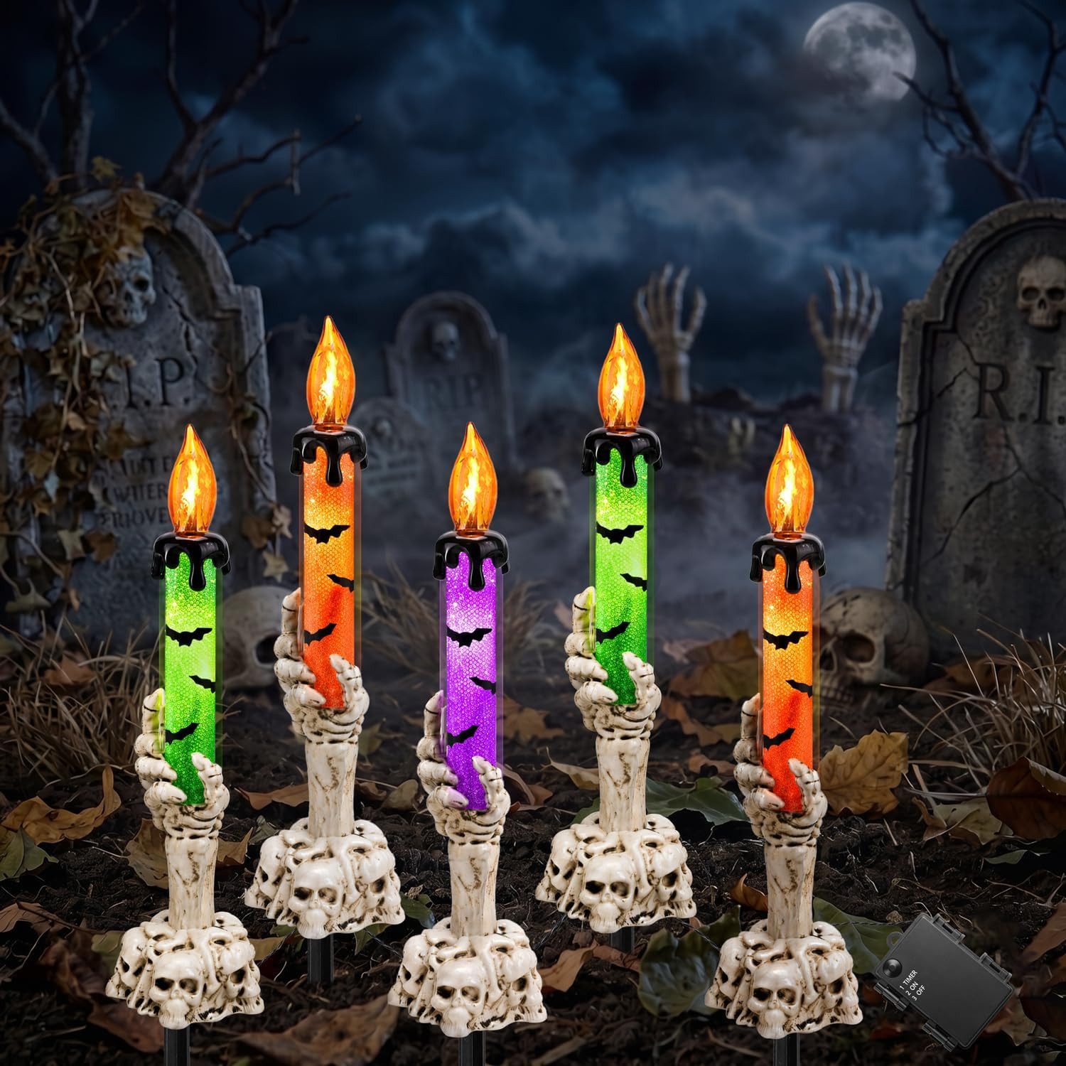 FELIXLEO LED-Lichterkette Halloween Deko Outdoor LED Kerzen mit Timer und Skelett Händen