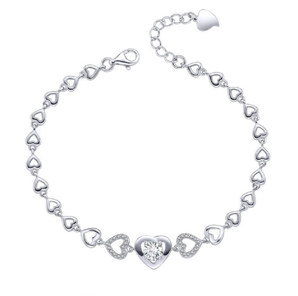 PANDACHARMS Silberarmband Herz an Herz, 925 Silber mit Zirkonia Steinen, Länge variabel 16-19cm