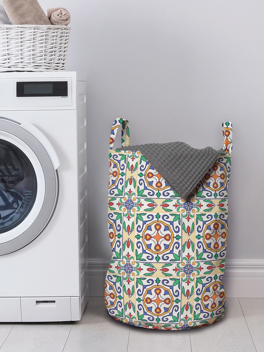 Waschsalons, Abakuhaus Geometrisch Wäschesäckchen für Griffen Spanisch Kordelzugverschluss Zier Wäschekorb mit