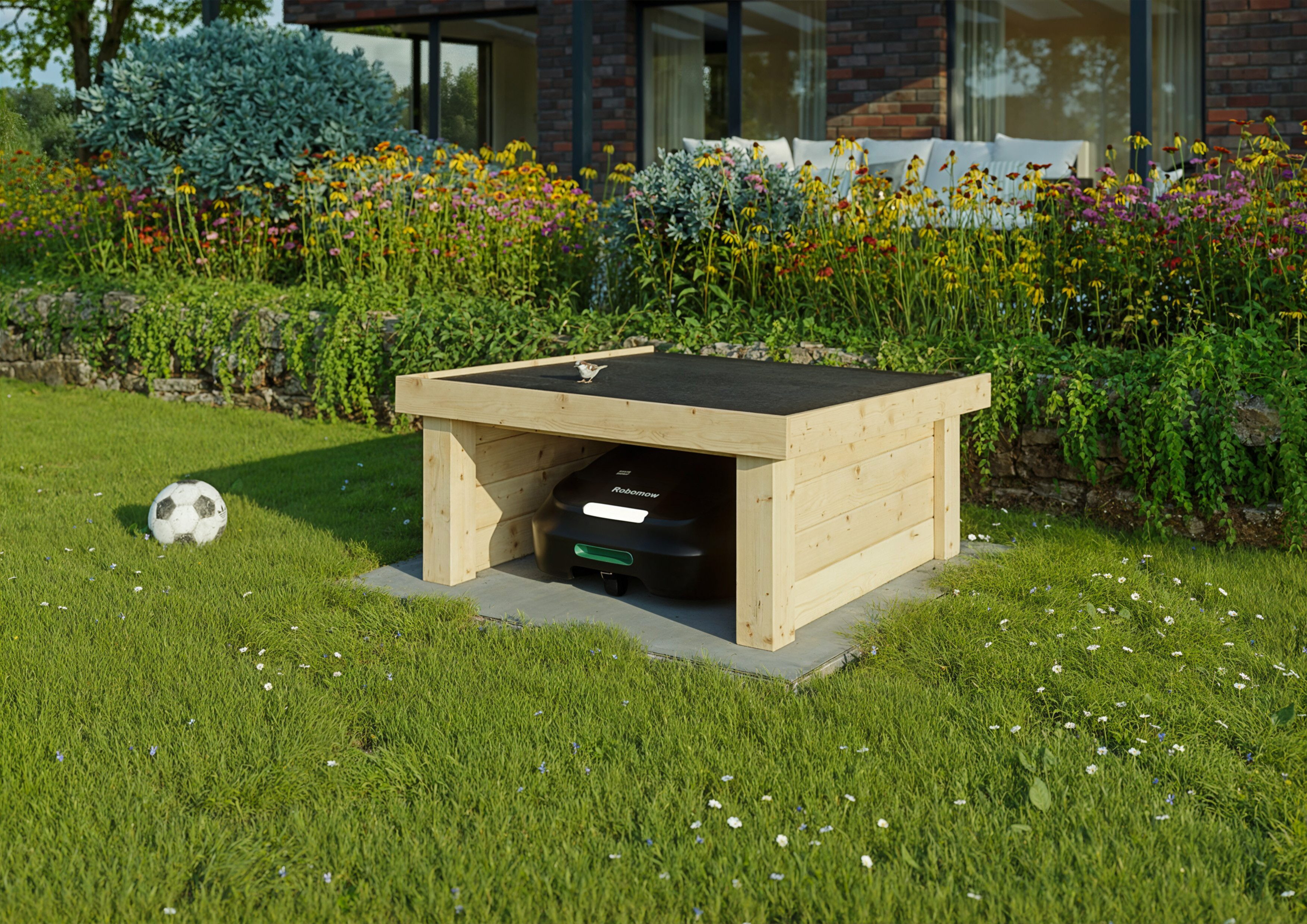 KONIFERA Mähroboter-Garage aus unbehandeltem Fichtenholz, BxTxH: 106x106x54 cm, aus 28mm starken Bohlen, Schutz vor Regen, Wind und Sonne