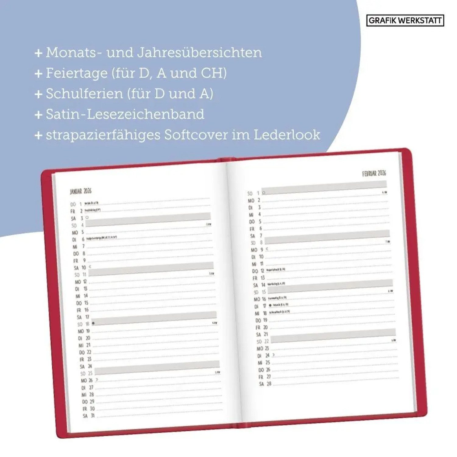 Grafik Werkstatt Taschenkalender Terminplaner Lederlook 2026 Rot