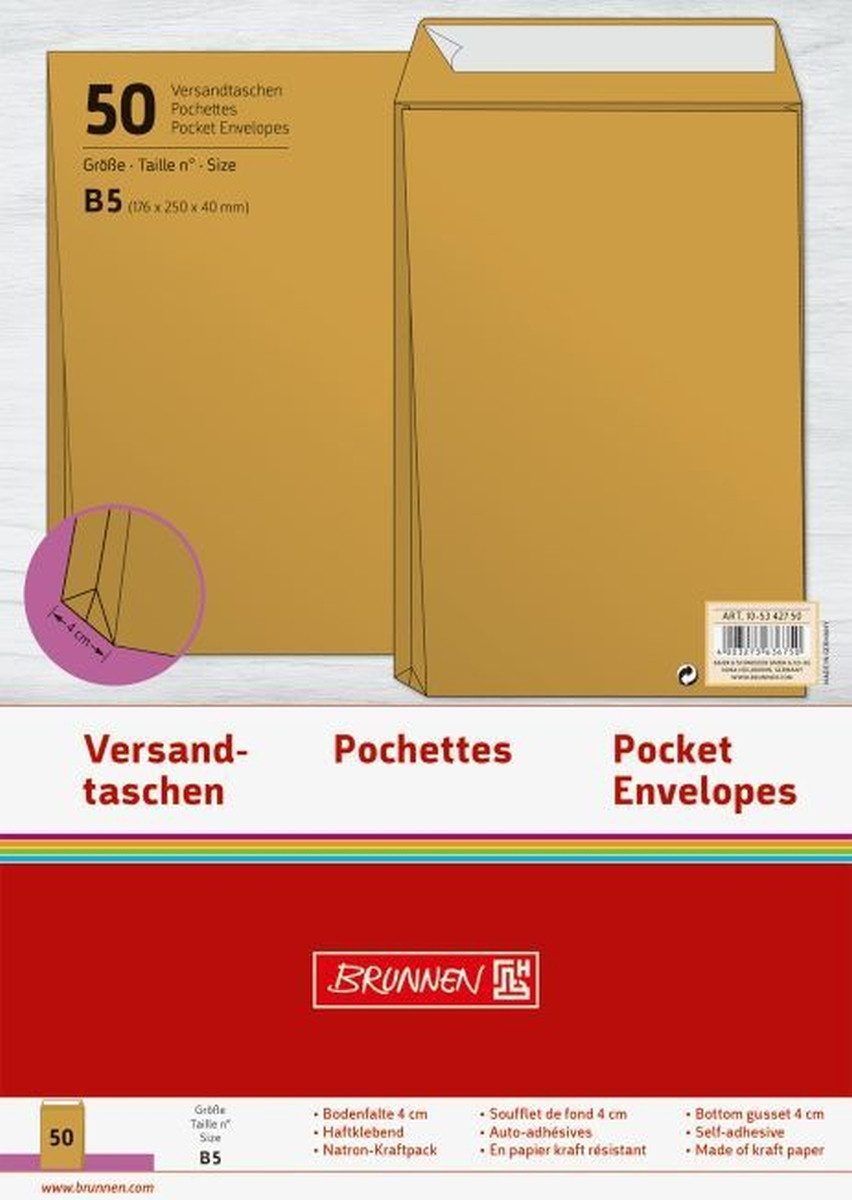 BRUNNEN Versandtasche Versandtaschen B5 Haftklebung 110g/qm braun VE=50 Stück