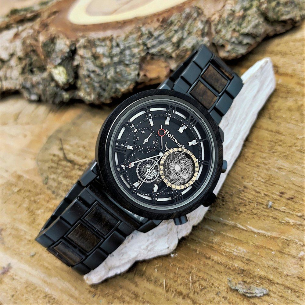 schwarz, Holz Uhr & grau in Edelstahl Armband Chronograph Holzwerk Herren BRAMSCHE