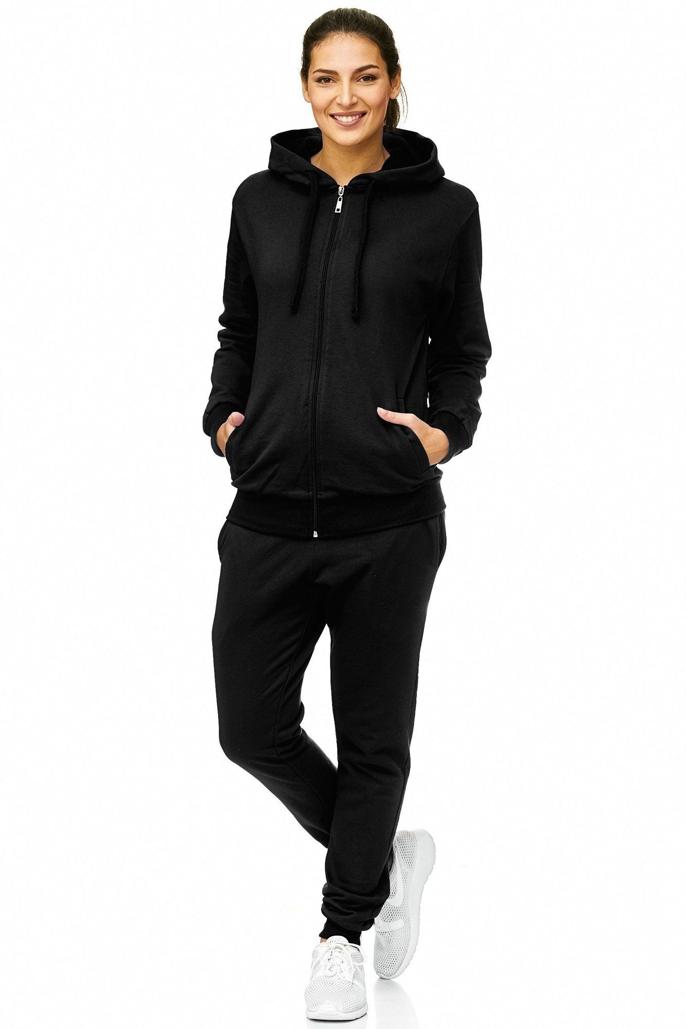 L.gonline Freizeitanzug Damen Jogginganzug einfarbig 100% Baumwolle 586 Schwarz XXL (Kapuzenjacke mit Reißverschluss, Hose, 2-tlg), Fitness Freizeit Casual