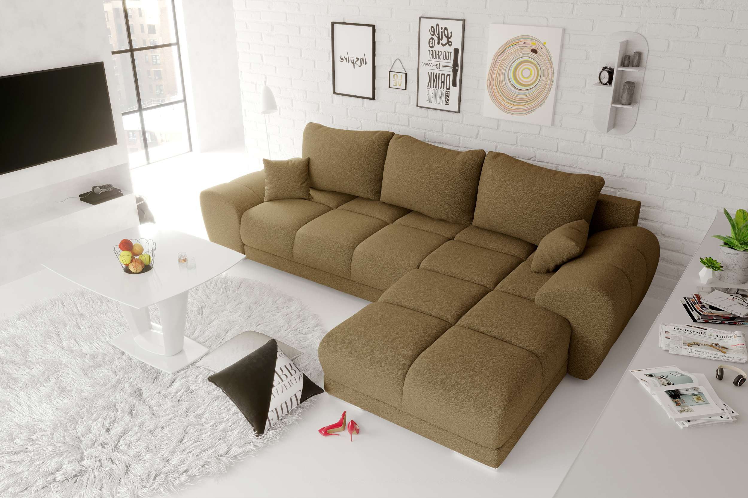 99rooms Ecksofa Antalya, Sofa L-Form, Eckcouch, mit Rückenkissen, Schlaffunktion, Strukturstoff NEVE