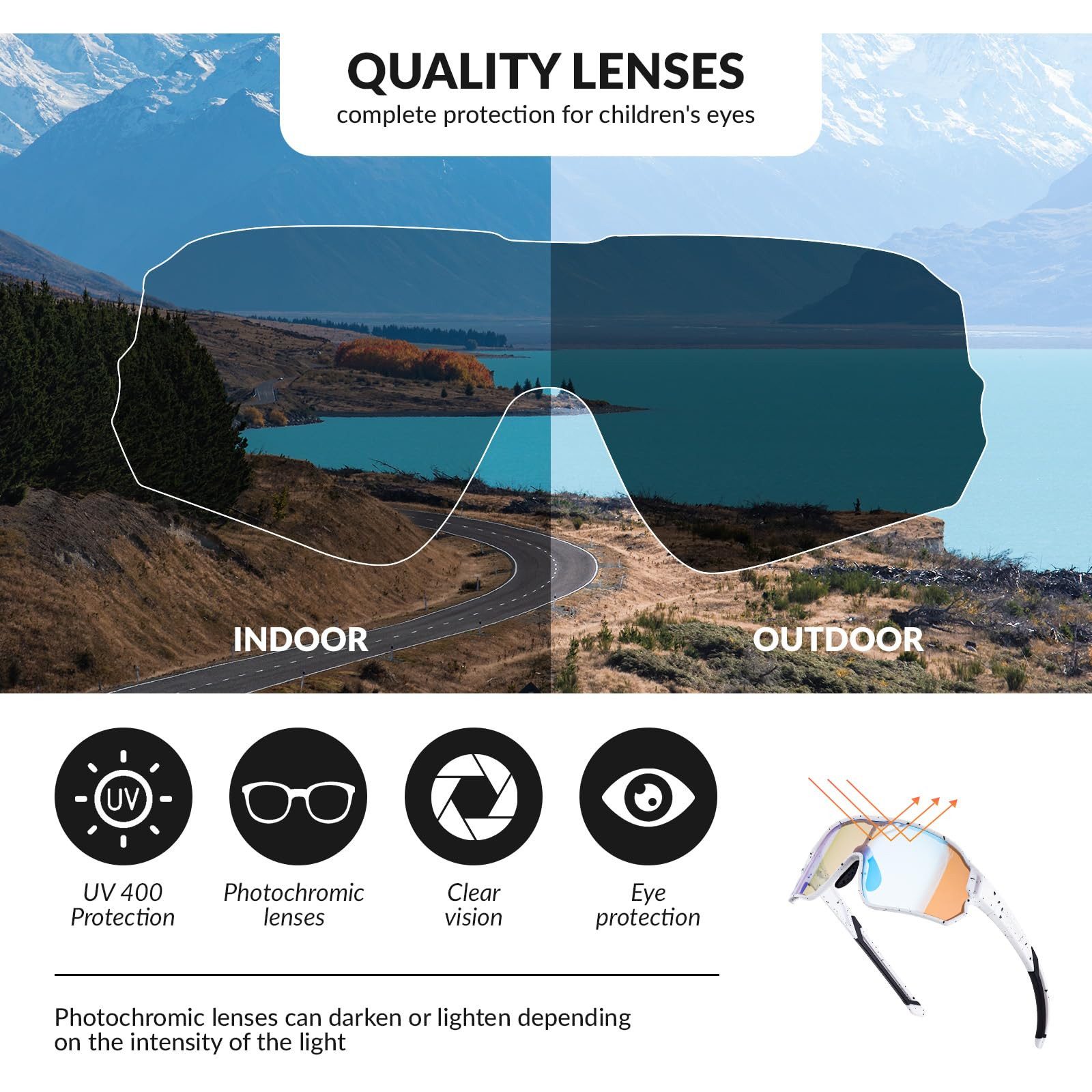 ROCKBROS Fahrradbrille Sportbrille Kinder Jugendliche Outdoor Radfahren TR90 Rahmen, selbsttönend, UV400 Schutz, photochrome Gläser, leicht, rutschfest
