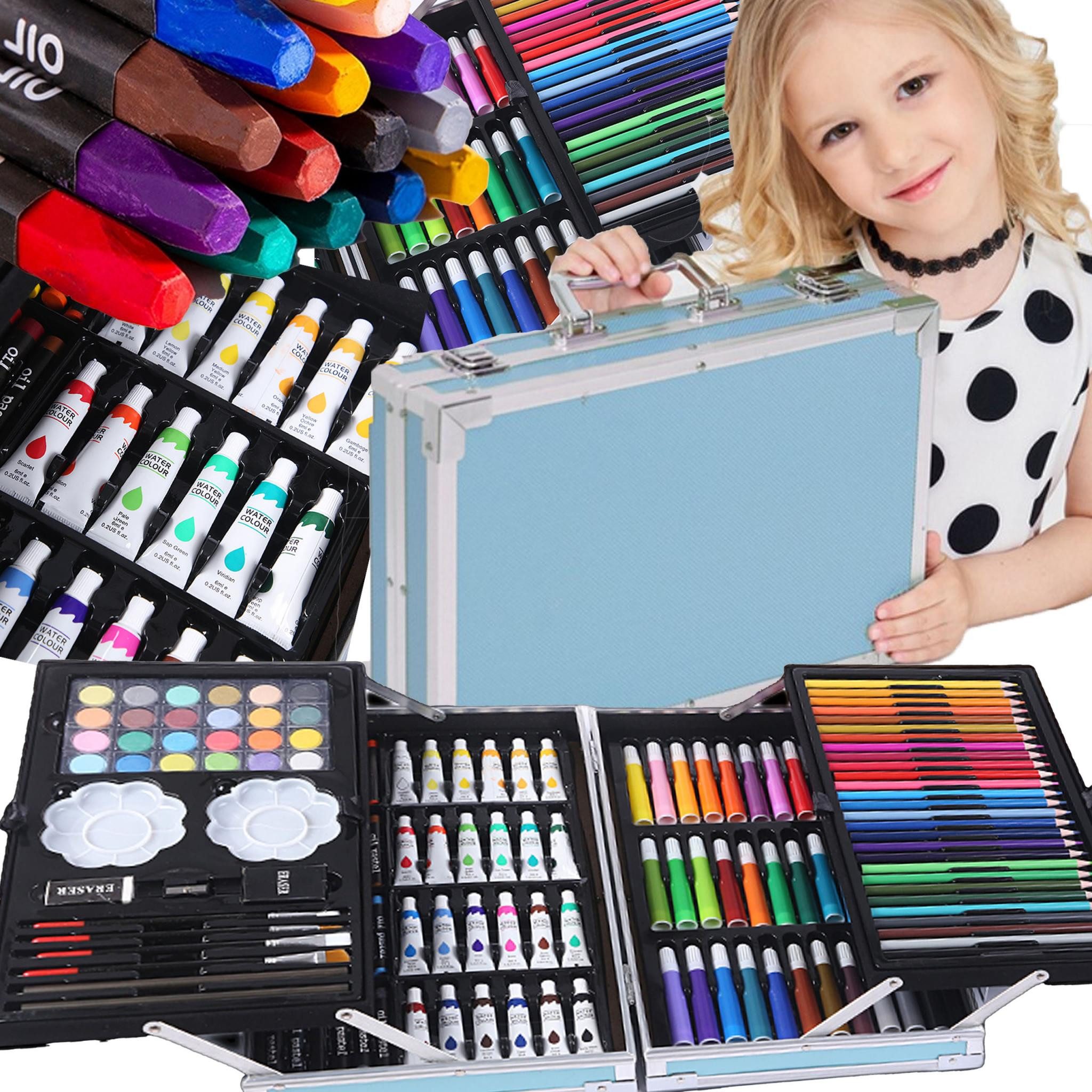 Realb2b Malstift 145-teiliges Mal- und Zeichenkoffer-Set für Kinder & Erwachsene, (Künstlerbedarf-Set mit Buntstiften, Markern, Farben & Zubehör, Komplettes 145-teiliges Malset für kreative Künstler), 145-teiliges Malset mit Aluminiumkoffer – perfekt für