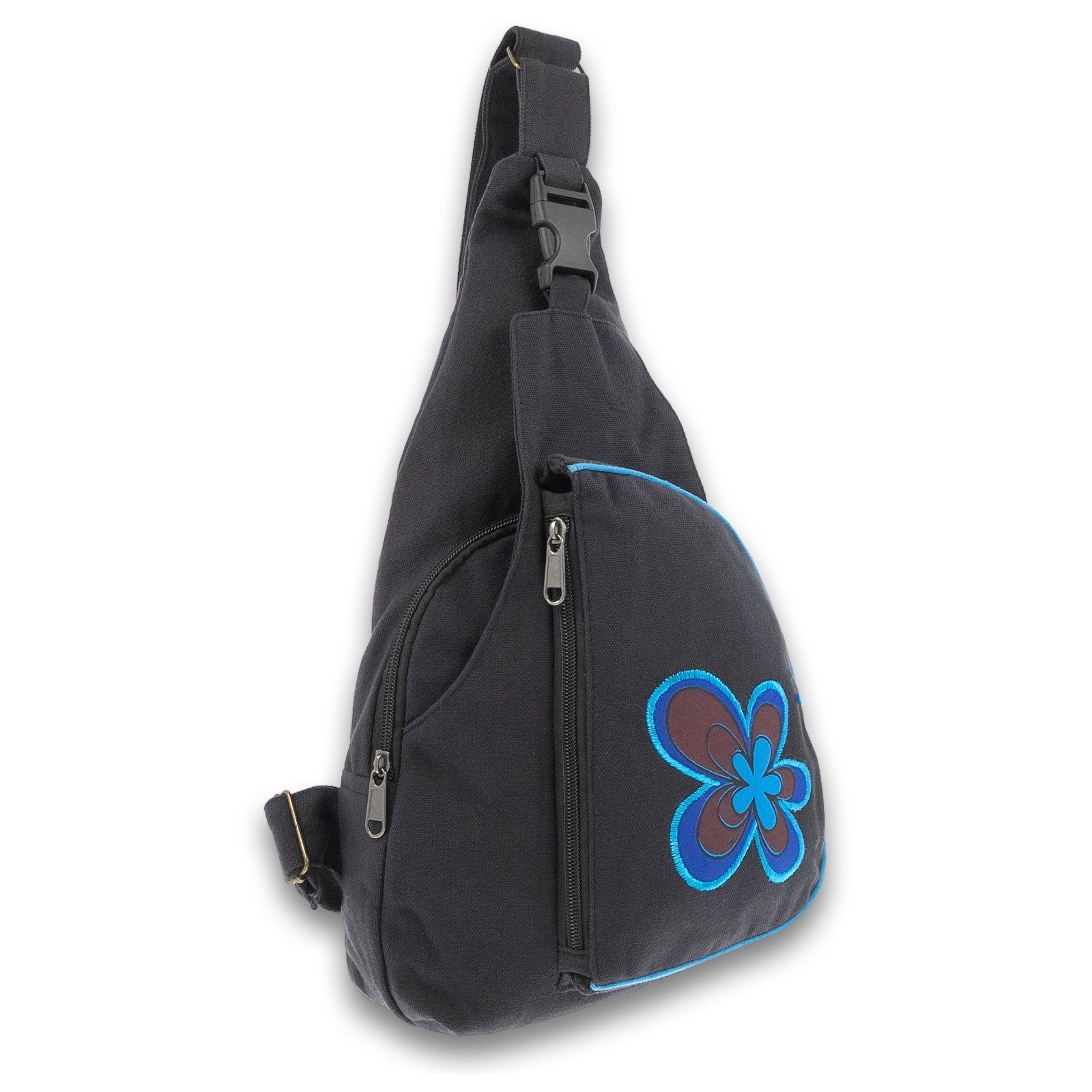 KUNST UND MAGIE Rucksack Flower Schultertasche Schwarz Schultertasche M Kunst&Magie Blau Slingbag Hippie Bodybag 