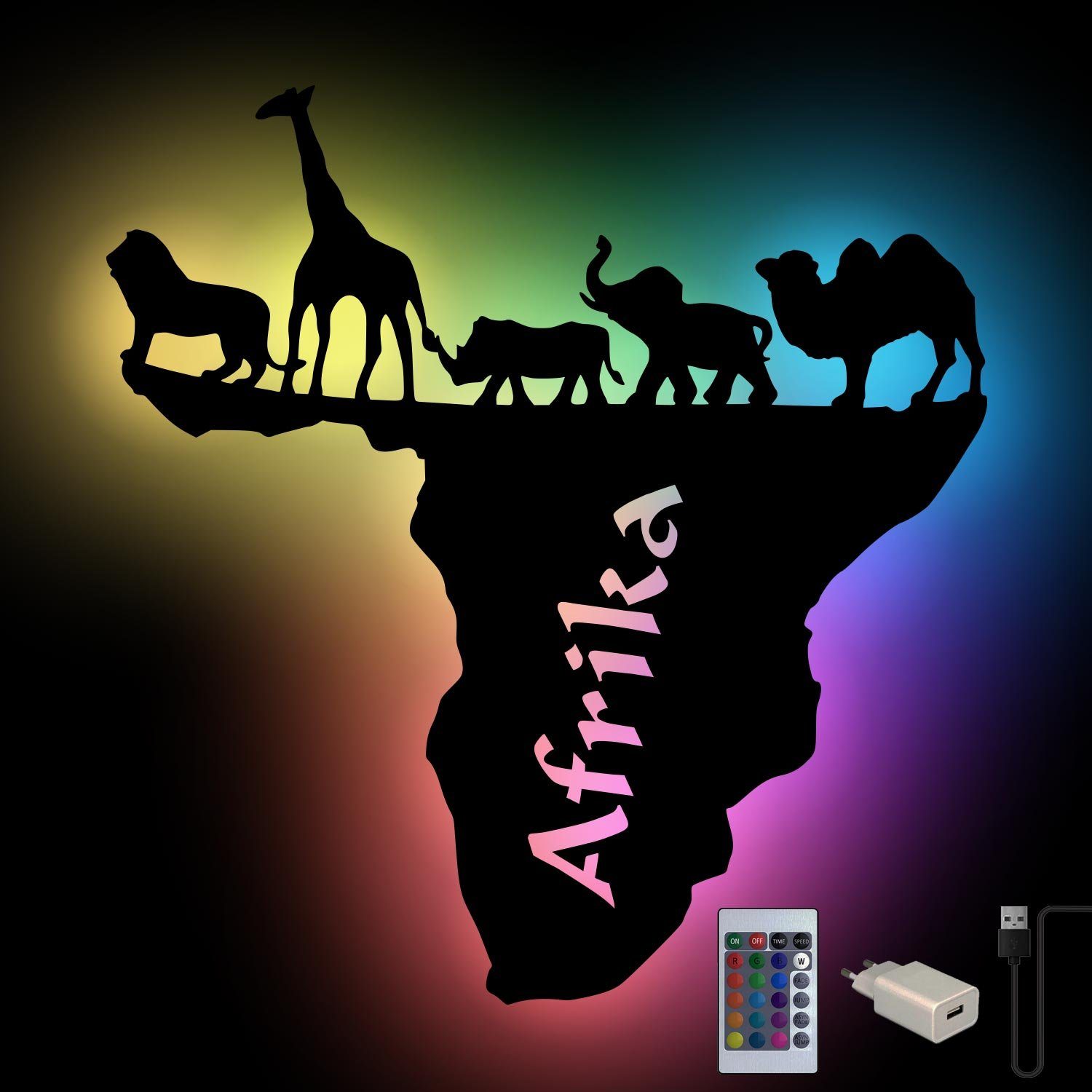 LED Afrika Unbehandelt LED Farbwechsel USB Lampe, Landkarte Wand integriert, Farbwechsler Dekolicht Namofactur Deko fest