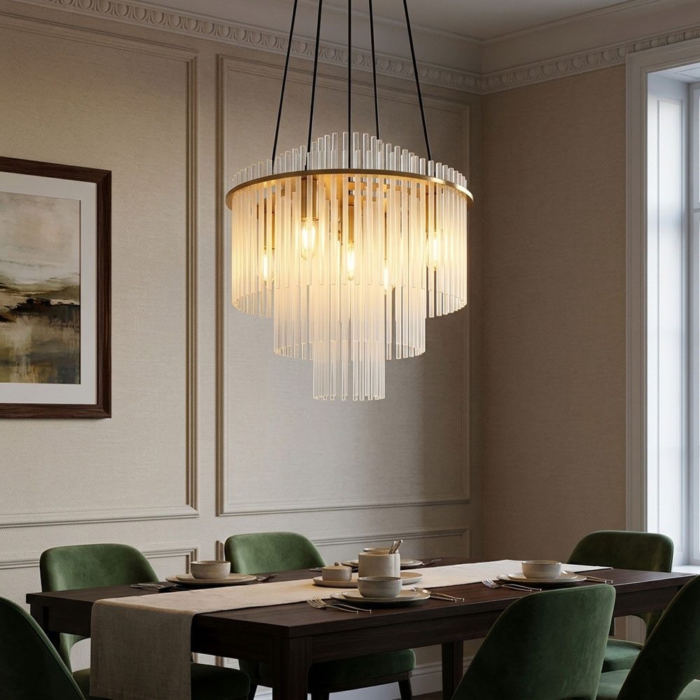 GLOBO LIGHTING Kronleuchter, Leuchtmittel nicht inklusive, Kronleuchter Metall Glas gold Glasstäbe opal gemustert H 120 cm