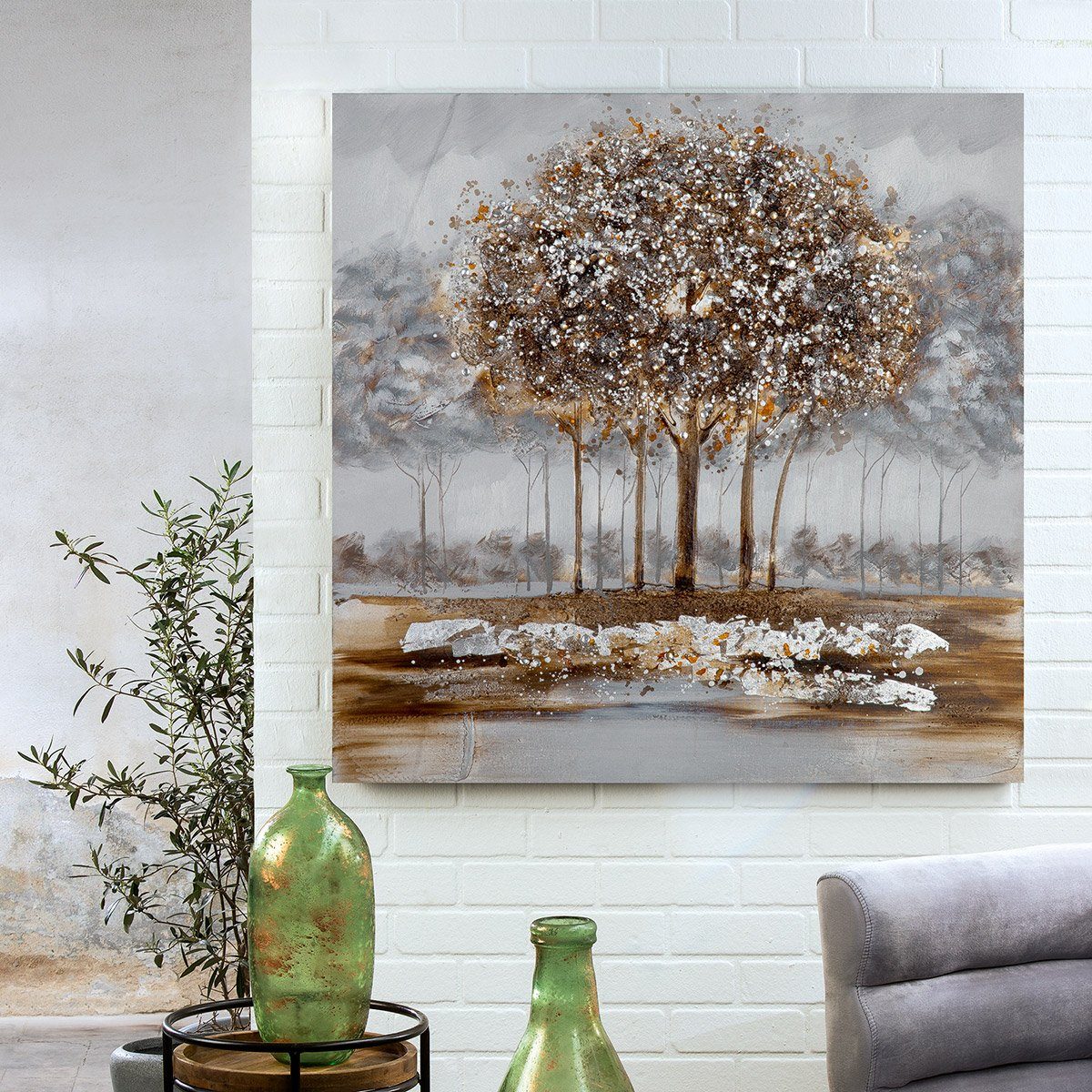 GILDE Bild GILDE Gemälde Waldlichtung - braun-grau - H. 100cm x B. 100cm | Wandobjekte