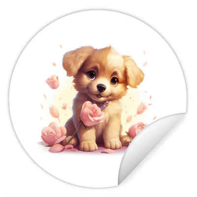 MuchoWow Wandsticker Hund - Blumen - Rosa - Mädchen - Kind (1 St), Runde Aufkleber für Kinderzimmer, Babyzimmer, Einteilig, Selbstklebend