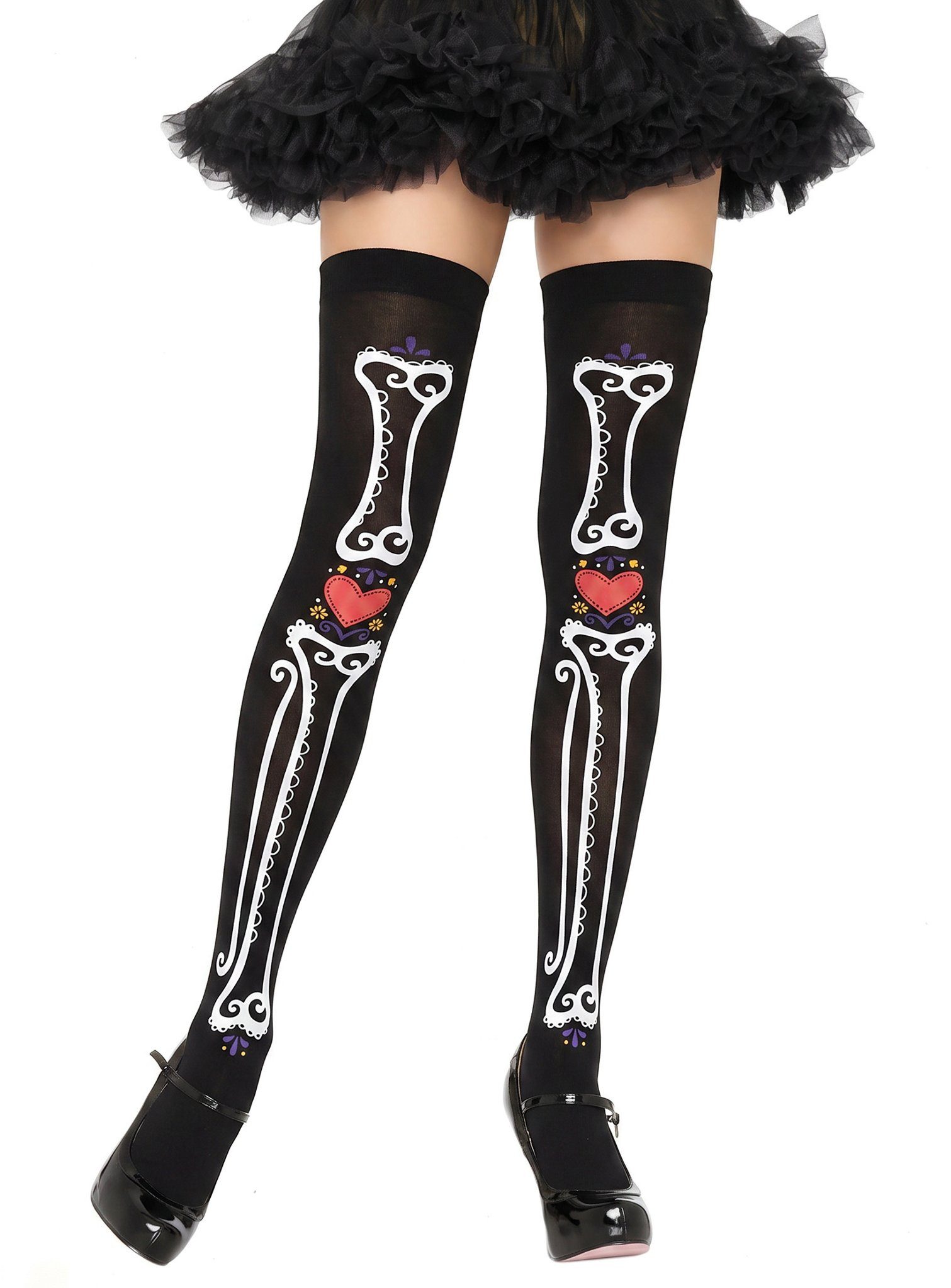 Metamorph Socken Skelett Zombie Strümpfe - Karneval Faschingskostüm Kniestrümpfe mit herzlichem Knochenprint