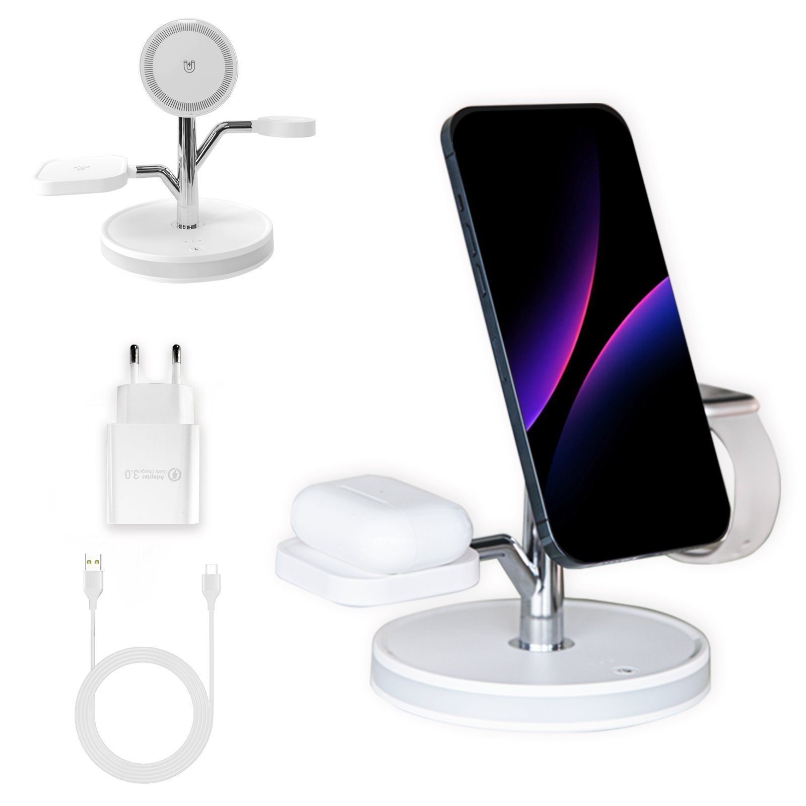 PUCHIKA 4 in 1 Induktive Ladestation für iPhone AirPods Apple Watch MagSafe Wireless Charger (inkl. 18W/QC 3.0 Schnelllade-Adapter und Typ-C-Ladekabel)