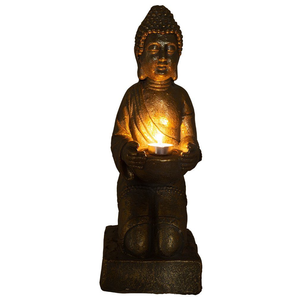 Feng-Shui Dekofigur Garten Trendyshop365 Bronzeoptik Buddhafigur mit Buddha Statue Teelichthalter (1 35cm wetterfest St), in