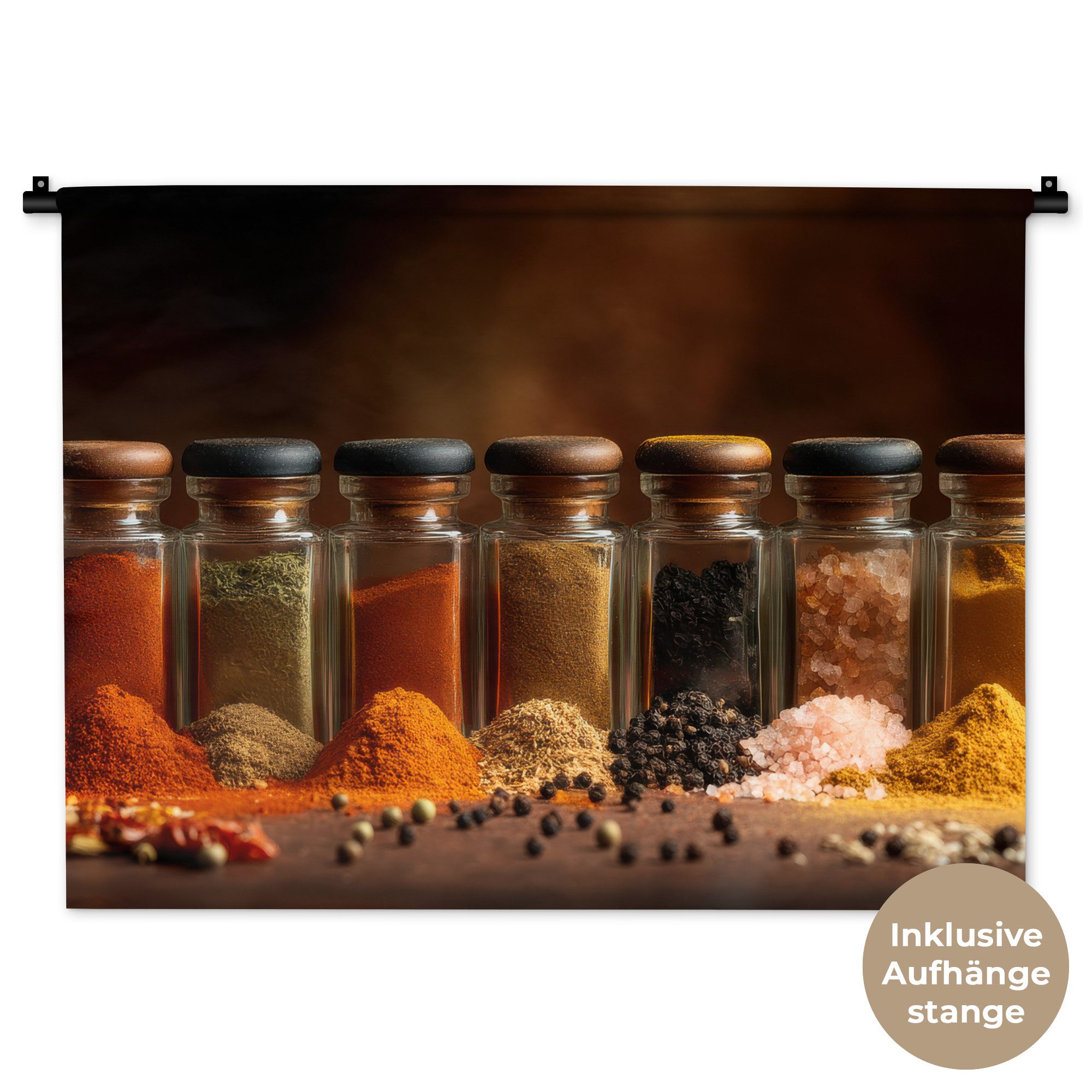 MuchoWow Wandteppich Gläser - Kräuter - Gewürze - Körner, Rechteckig, Höhe: 3 mm, Wand Teppiche, Wandbehang, 90x67 cm