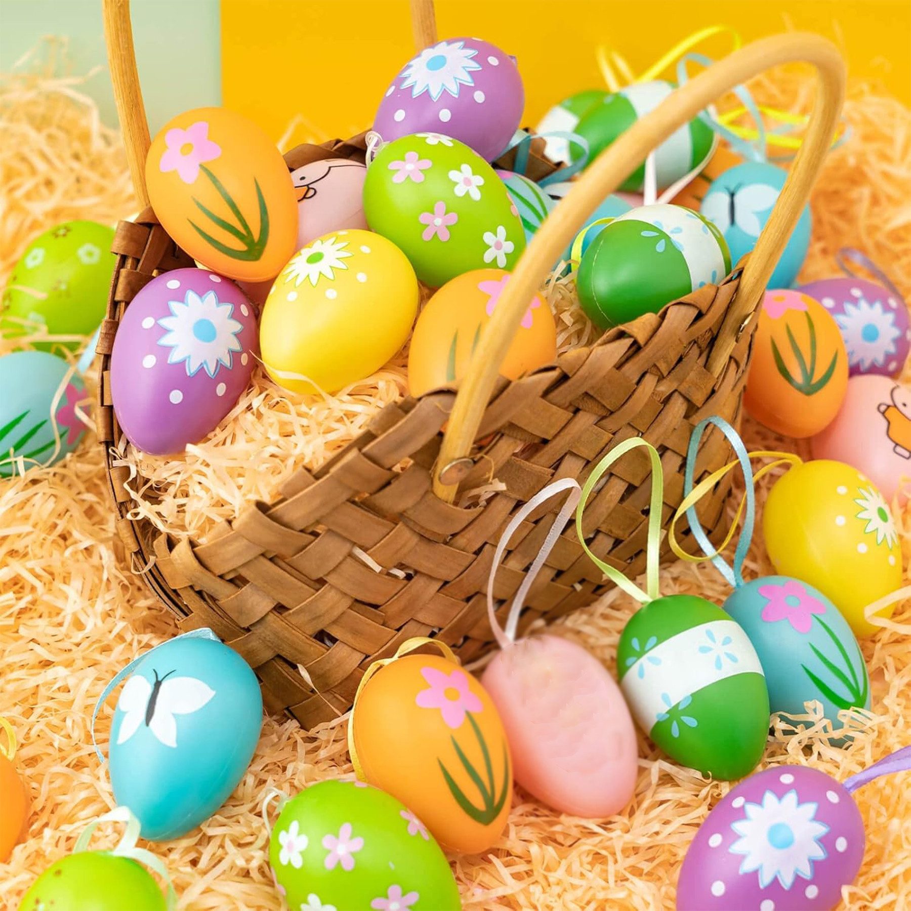 Mutig Osterei Ostereier zum Aufhängen,24 Stück Ostereier aus Kunststoff (mit Schnur zum Aufhängen Gesprenkelte Hängedeko, Osterdeko in Schönen Pastellfarben), Deko Ostern für den Osterstrauß mit Motiv-Größe: 6 cm