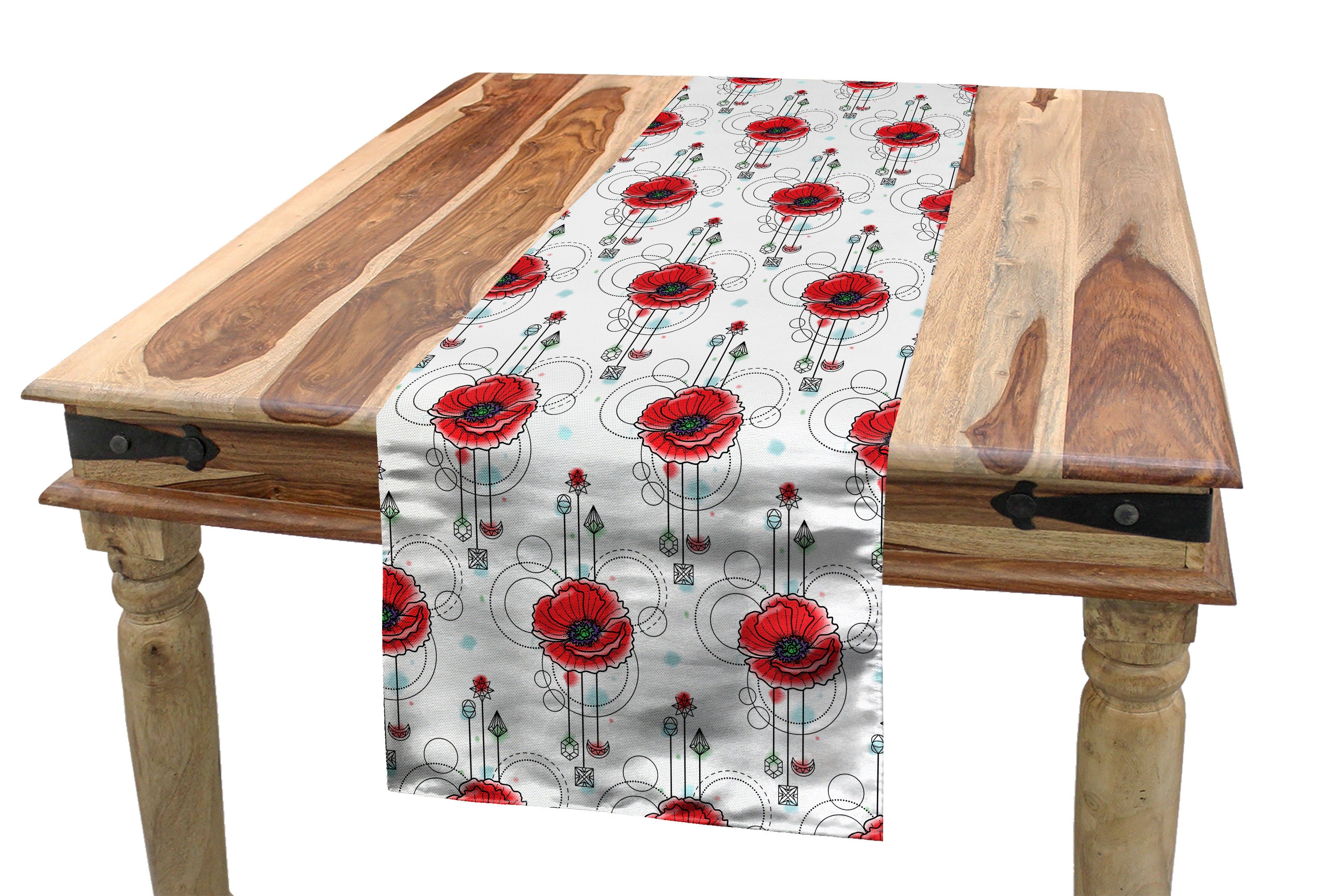 Mohn Dekorativer Tischläufer, Roter Rechteckiger Geometrische Abakuhaus Tischläufer Tätowieren Küche Esszimmer