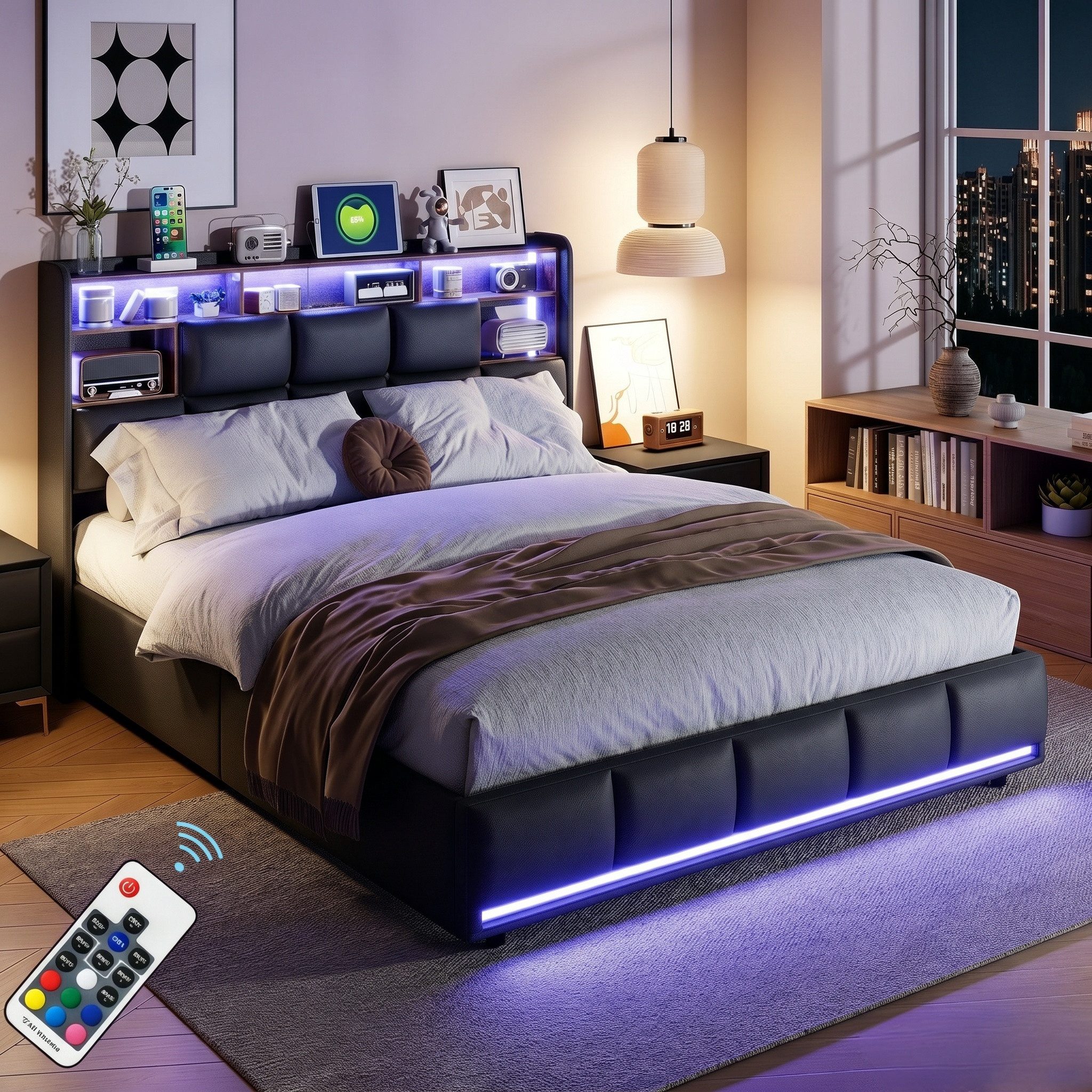 Polsterbett LED Doppelbett 160x200 cm Schwarz mit Stauraum & USB