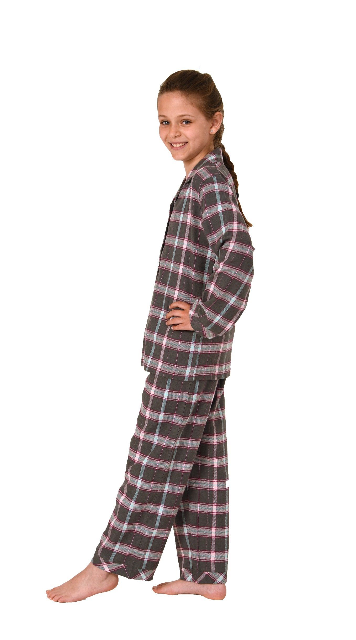 Flanell Mädchen langarm Normann Karo mit Optik Knopfleiste Pyjama in Schlafanzug