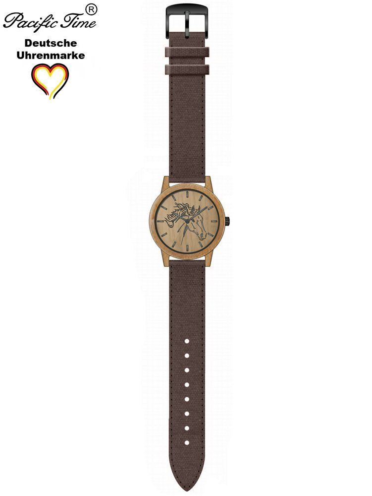 Pacific Time Quarzuhr Damenuhr analog Pferd Holz Canvas Armband, Gratis Versand
