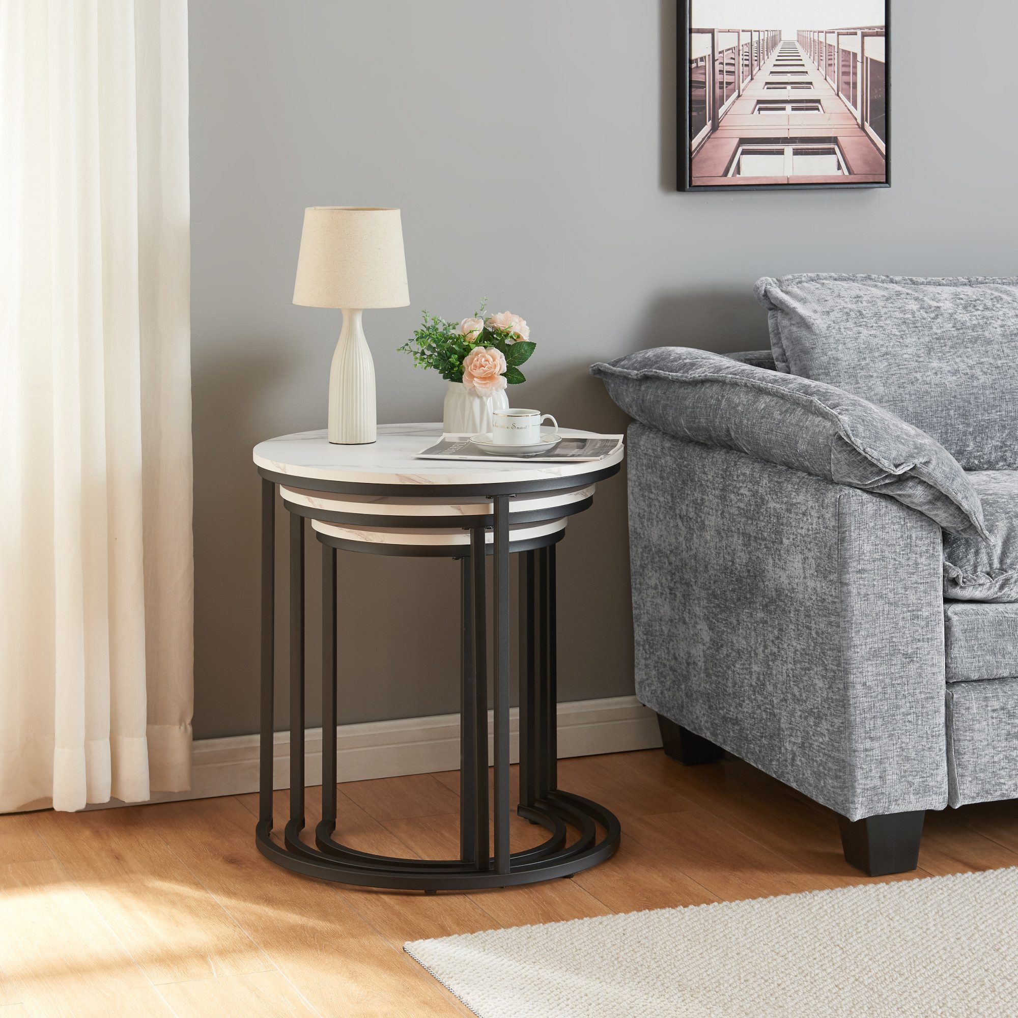 en.casa Satztisch (Set, 3-St), »Ulricehamn« in verschiedener Größe Marmoroptik weiß