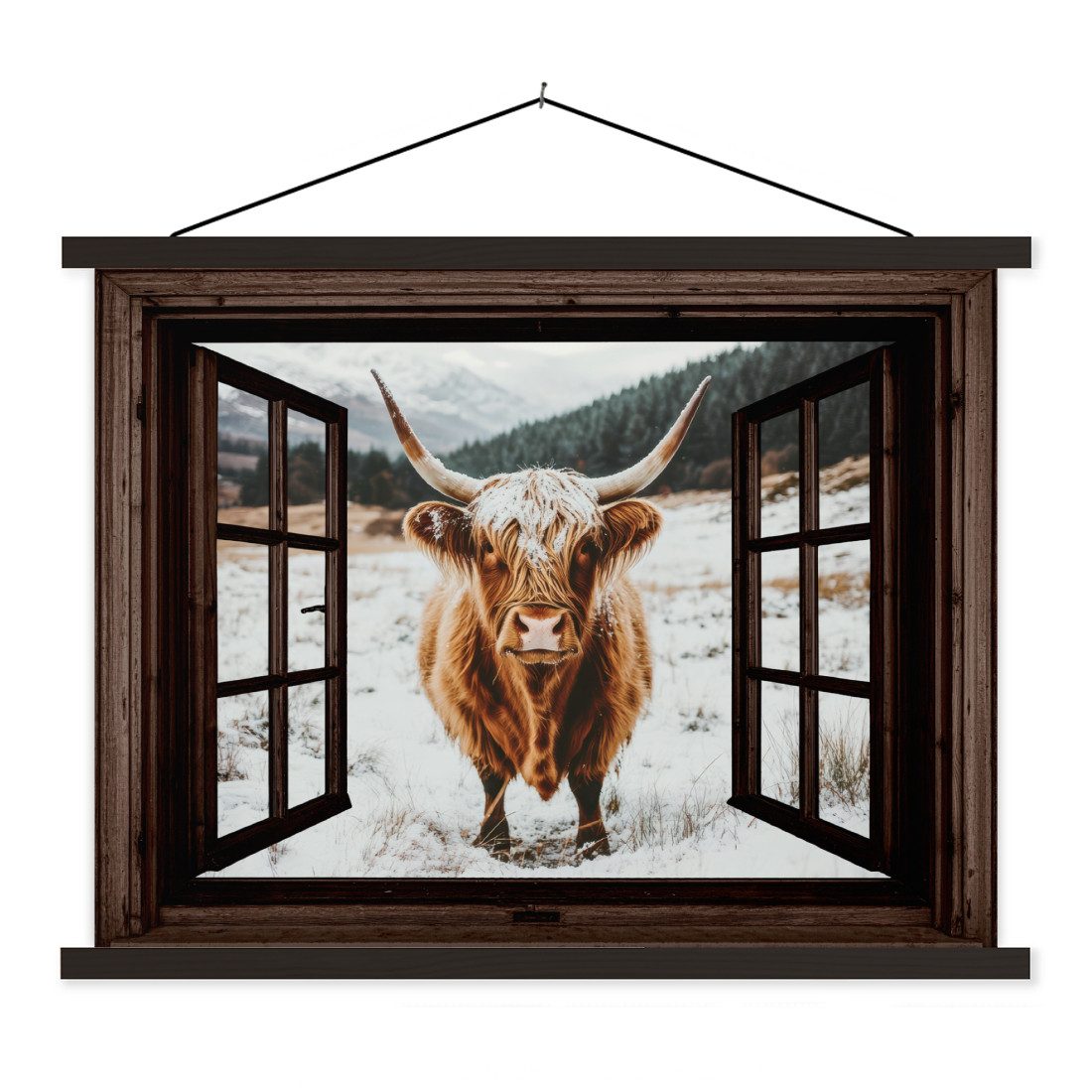 MuchoWow Poster Schottische Highlander - Landschaft - Ländlich - Berge - Winter - Auss, (1 St), Magnetische Posterleiste, Holzleisten, Textilposter, 40x30 cm