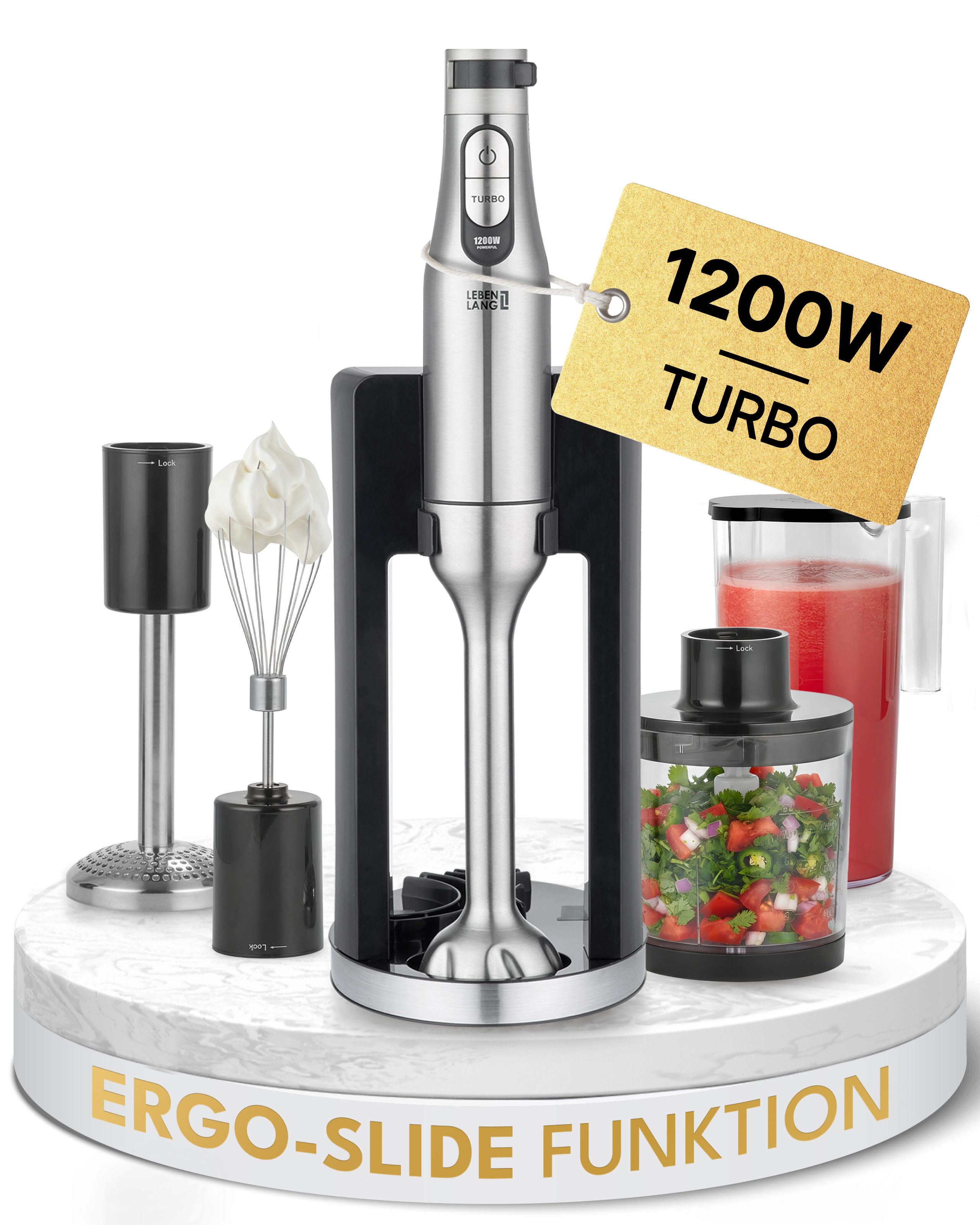 Lebenlang Stabmixer Premium Set aus Edelstahl - Stufenlos verstellbar & Inkl. Aufsätze, 1200 W, Hand Blender Set mit Einhandbedienung, Allrounder in der Küche