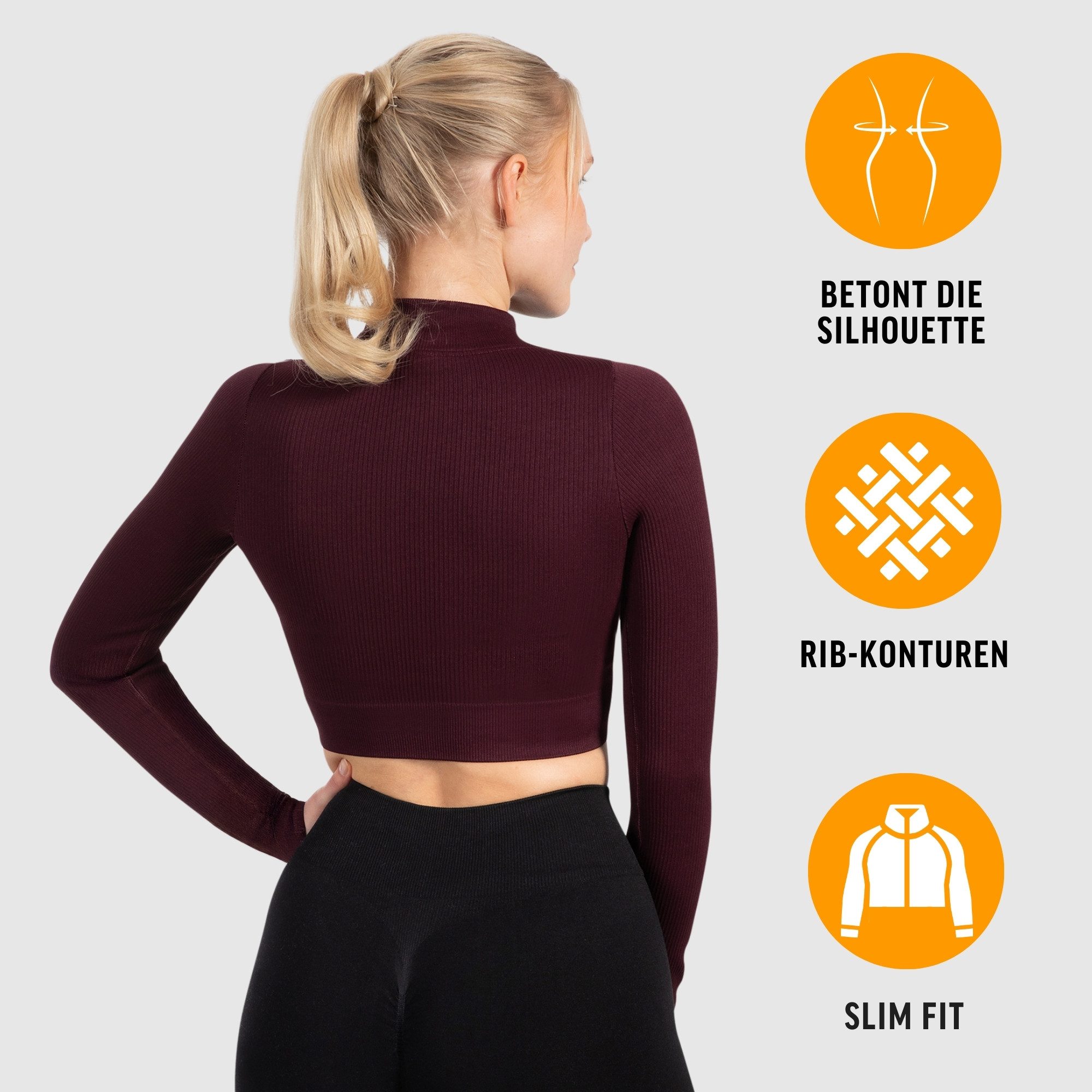 Smilodox Trainingsjacke Zeya, Size Up empfohlen, Crop Sportjacke Slim Fit, hoher Kragen Figurbetonte Laufjacke, Zip-Jacke Rippstruktur & Stretch, Workout Yoga