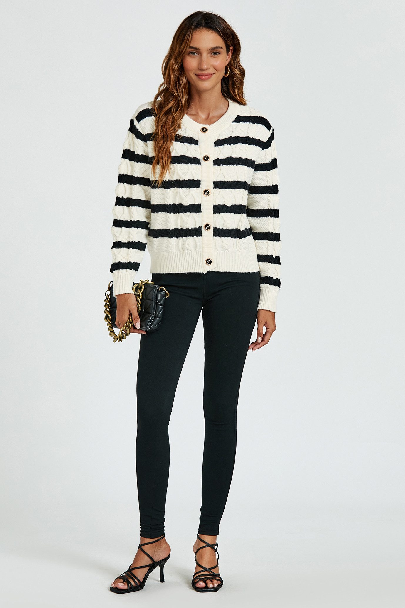 FS Collection Strickjacke Strickjacke Cardigan mit Streifenmuster aus Wollmischung – Onesize (Einheitsgröße: UK 8–16 / EU 36–44, 3 Farben : Creme/Schwarz, Schwa – Bild 5 von 5