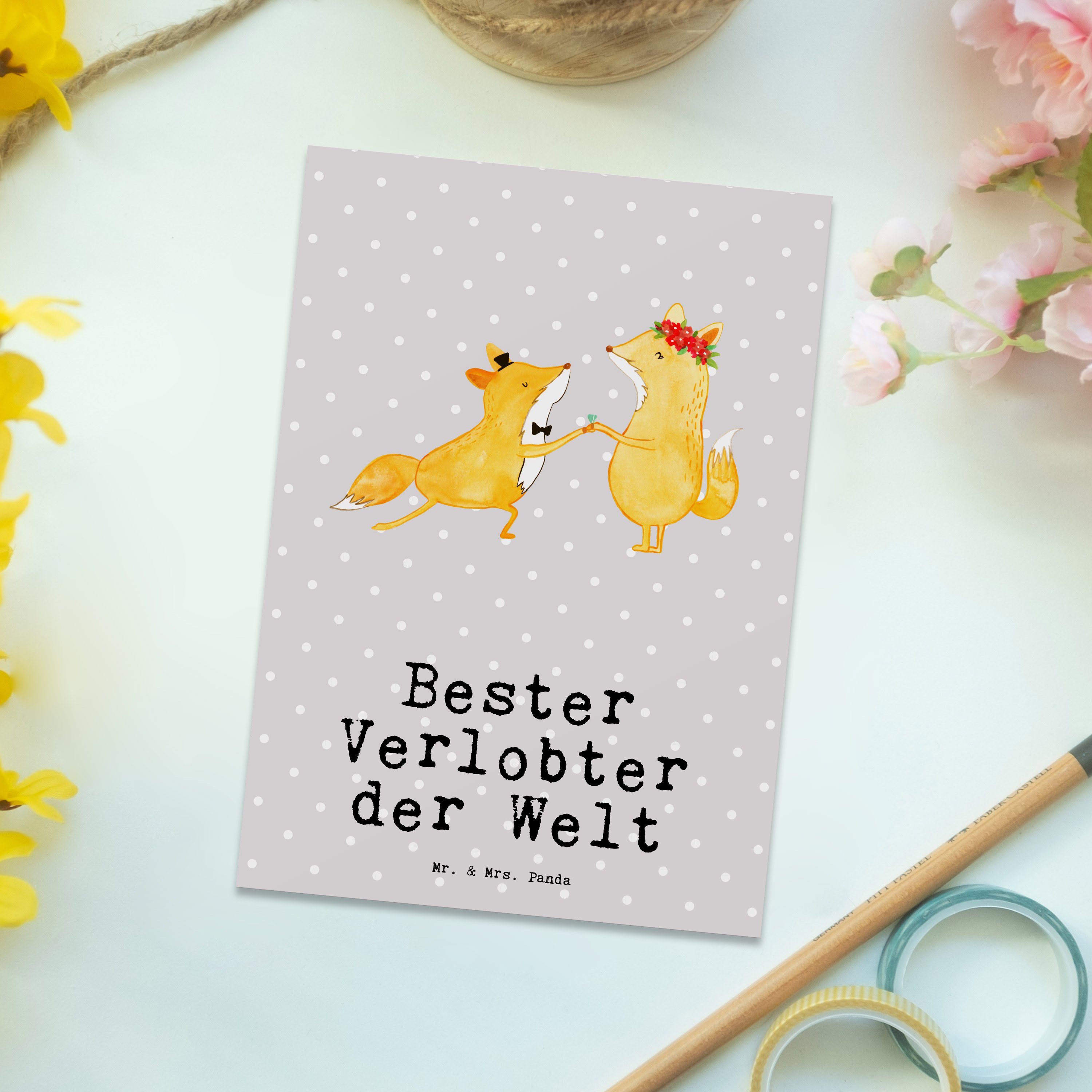 & Postkarte Dankeskart Panda Verlobter Mrs. Bester Grau Pastell - Fuchs Geschenk, - der Welt Mr.