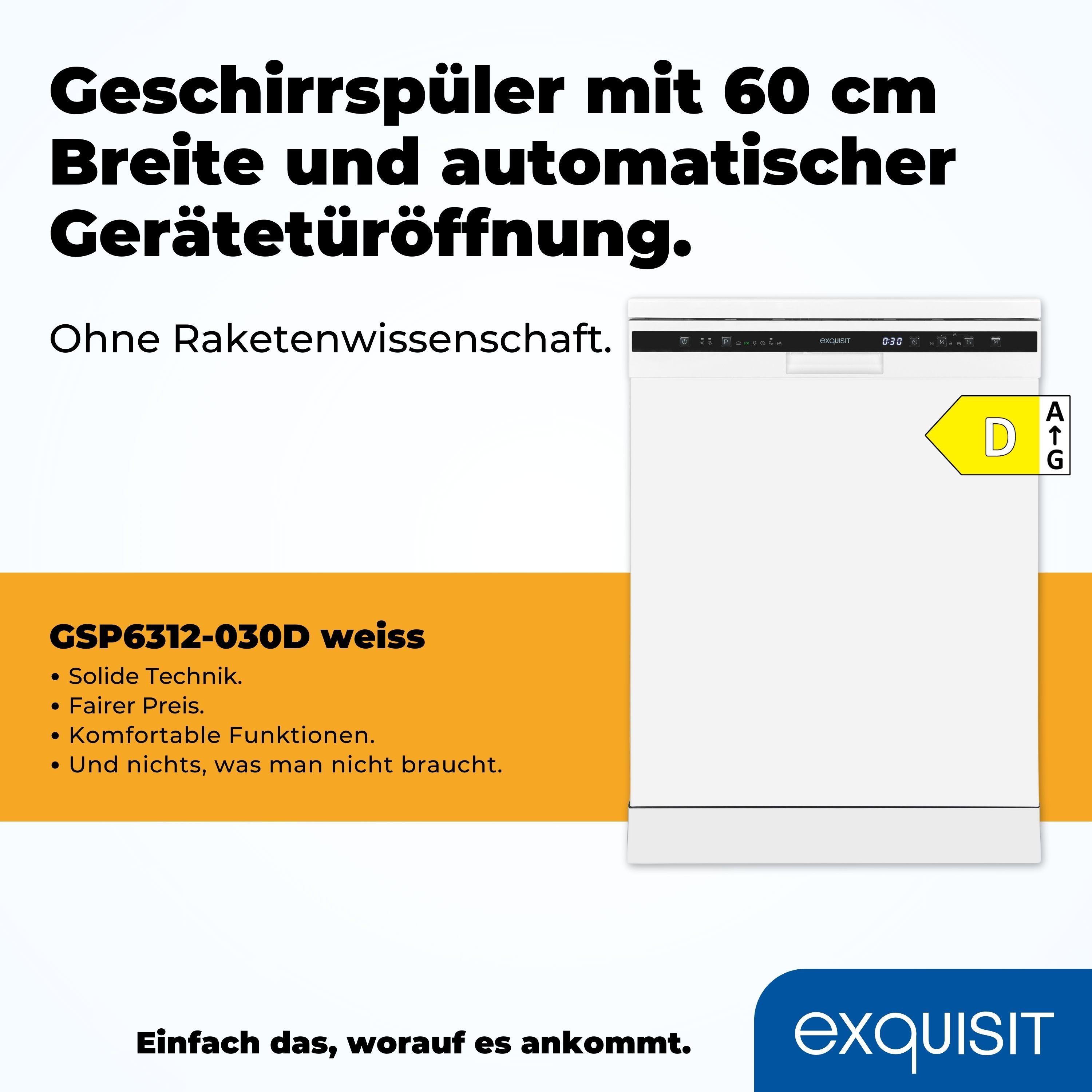 exquisit Standgeschirrspüler GSP6312-030D weiss, 12 Maßgedecke, Stand-/Unterbaugerät, 12 Maßgedecke – 6 Programme mit LED & Timer – Bild 3 von 5