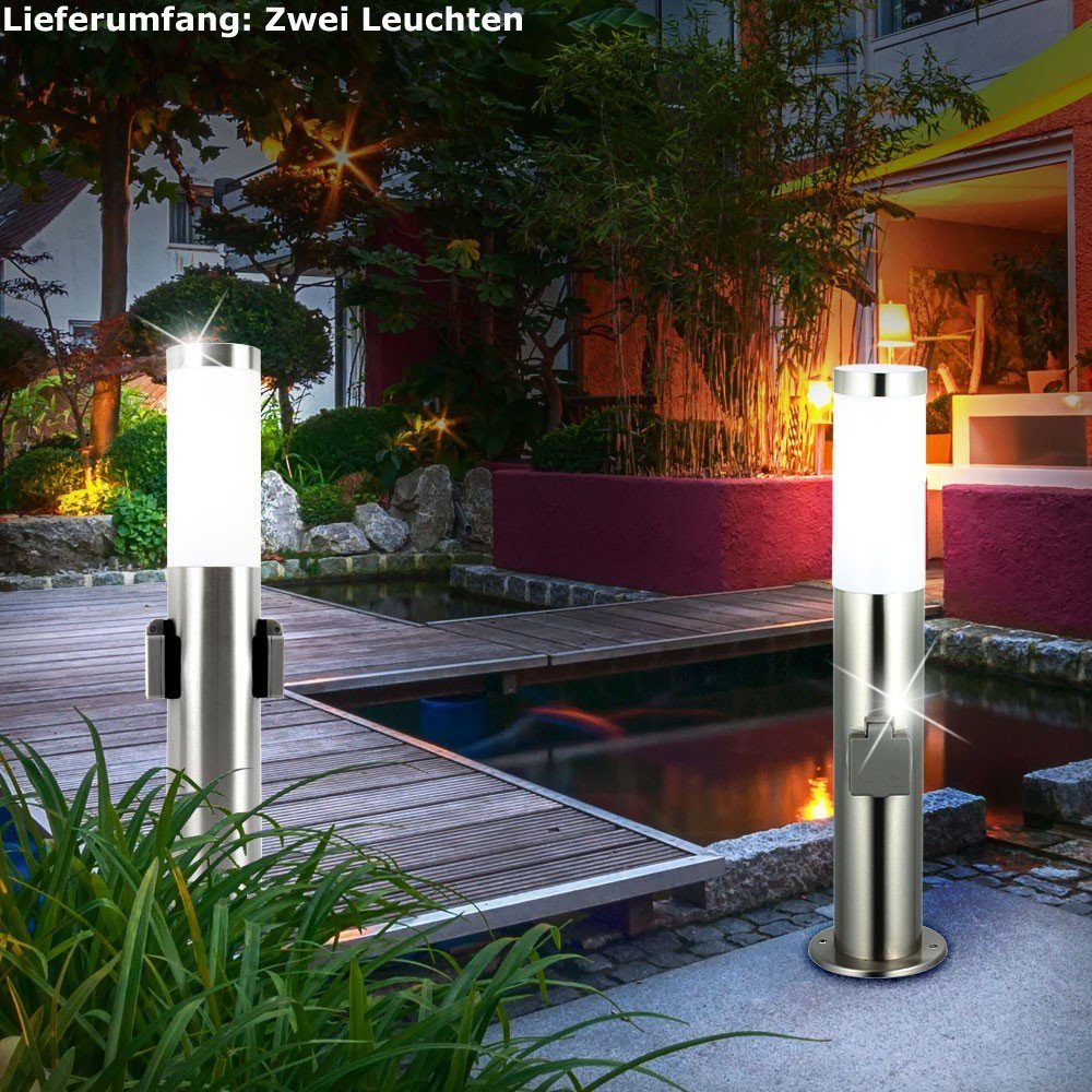 Leuchtmittel Warmweiß, Globo 2er Steh Edelstahl Garten Außen-Stehlampe, IP44 Park Leuchten LED 2x- Strahler Set inklusive,