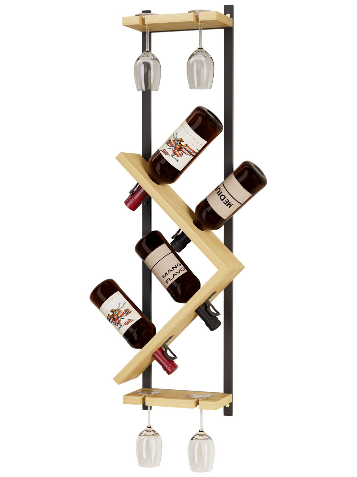 Yorbay Weinregal Wand für 4 Flaschen & 4 Gläser Flaschenregal für Wein, Aufbewahrung für Küche, Wohnzimmer, Bar