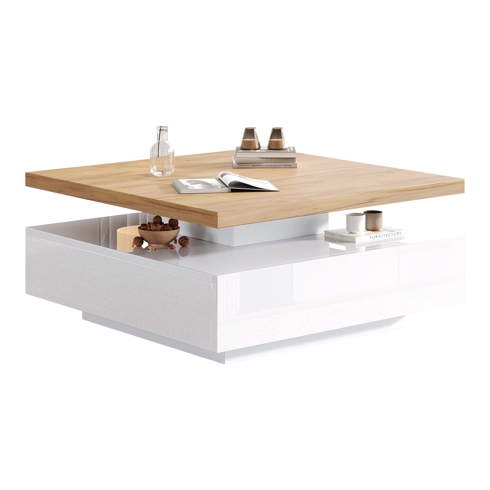 REDOM Couchtisch Couchtisch 70x70 cm mit 360° drehbarer Tischplatte (Satztisch, Wohnzimmertisch Beistelltisch, 1-St., praktischer Stauraum, bis 30 kg Tragkraft), mit Walnussplatte und Hochglanzbeinen