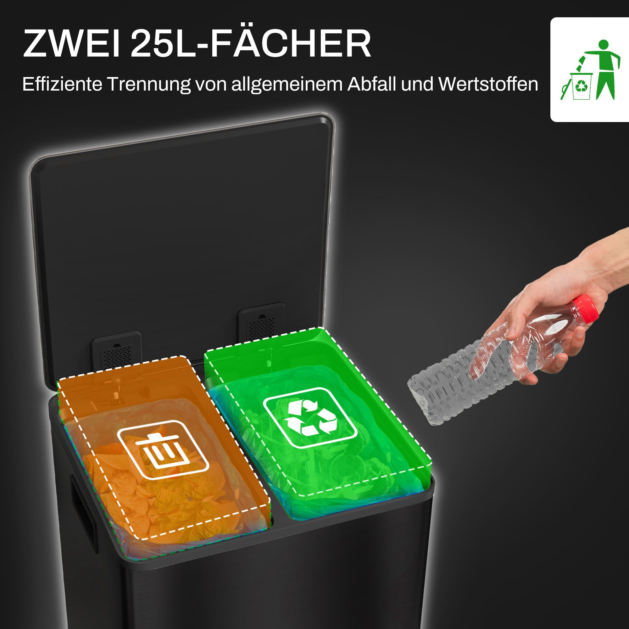 furnicato Mülleimer Eleganter 50L Tretmülleimer in Matt Schwarz mit 2 Fächern, Abfallbehälter mit Soft-Close-Deckel und Inneneimern für die Küche