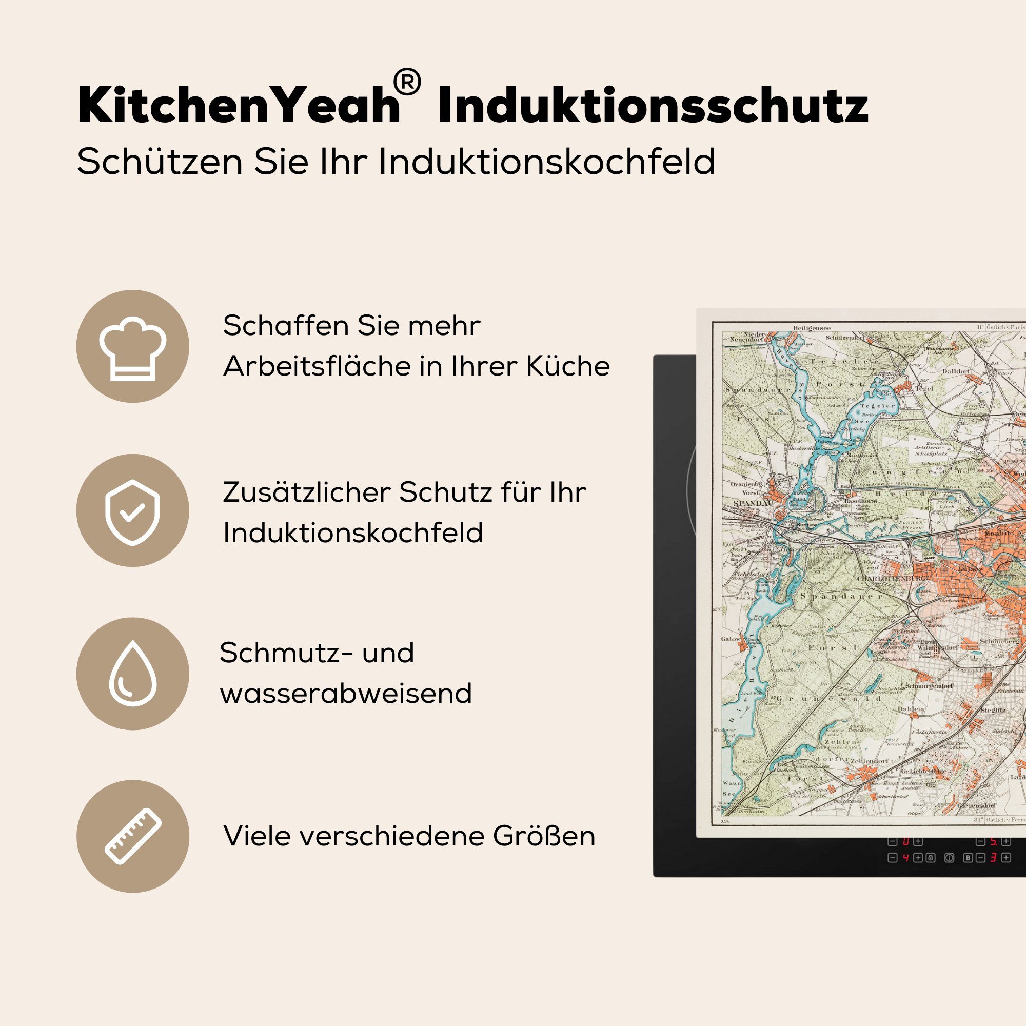 MuchoWow Herdblende-/Abdeckplatte Illustration einer Karte von Vinyl, tlg), Berlin, der Arbeitsfläche cm, (1 70x52 nutzbar, Umgebung Ceranfeldabdeckung Mobile