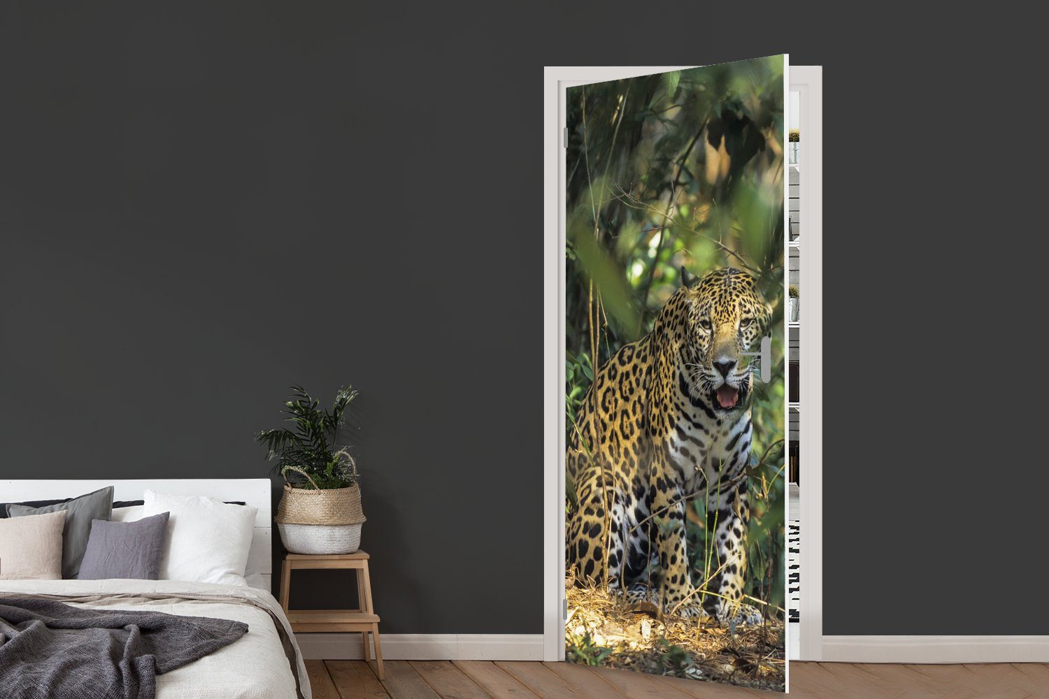 MuchoWow Türtapete Versteckter Türaufkleber, St), Jaguar im (1 Tür, 75x205 cm Dschungel, für bedruckt, Fototapete Matt