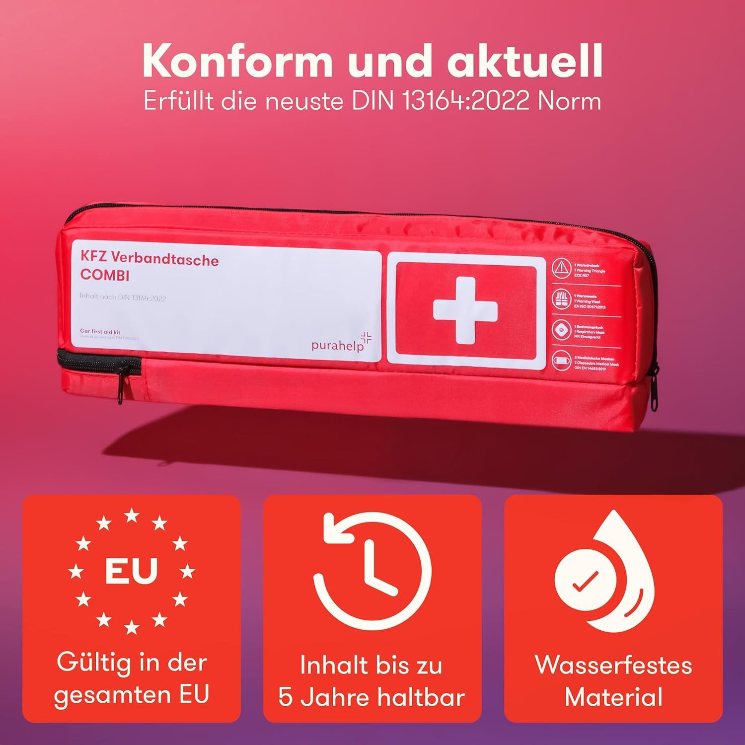 Purahelp KFZ-Verbandtasche Kombitasche nach aktueller Norm 2025 DIN 13164 (StVO konform), (Inkl. Warndreieck, Warnweste -, 1 St), Verbandskasten Warndreieck Set Verbandskasten Auto 2025