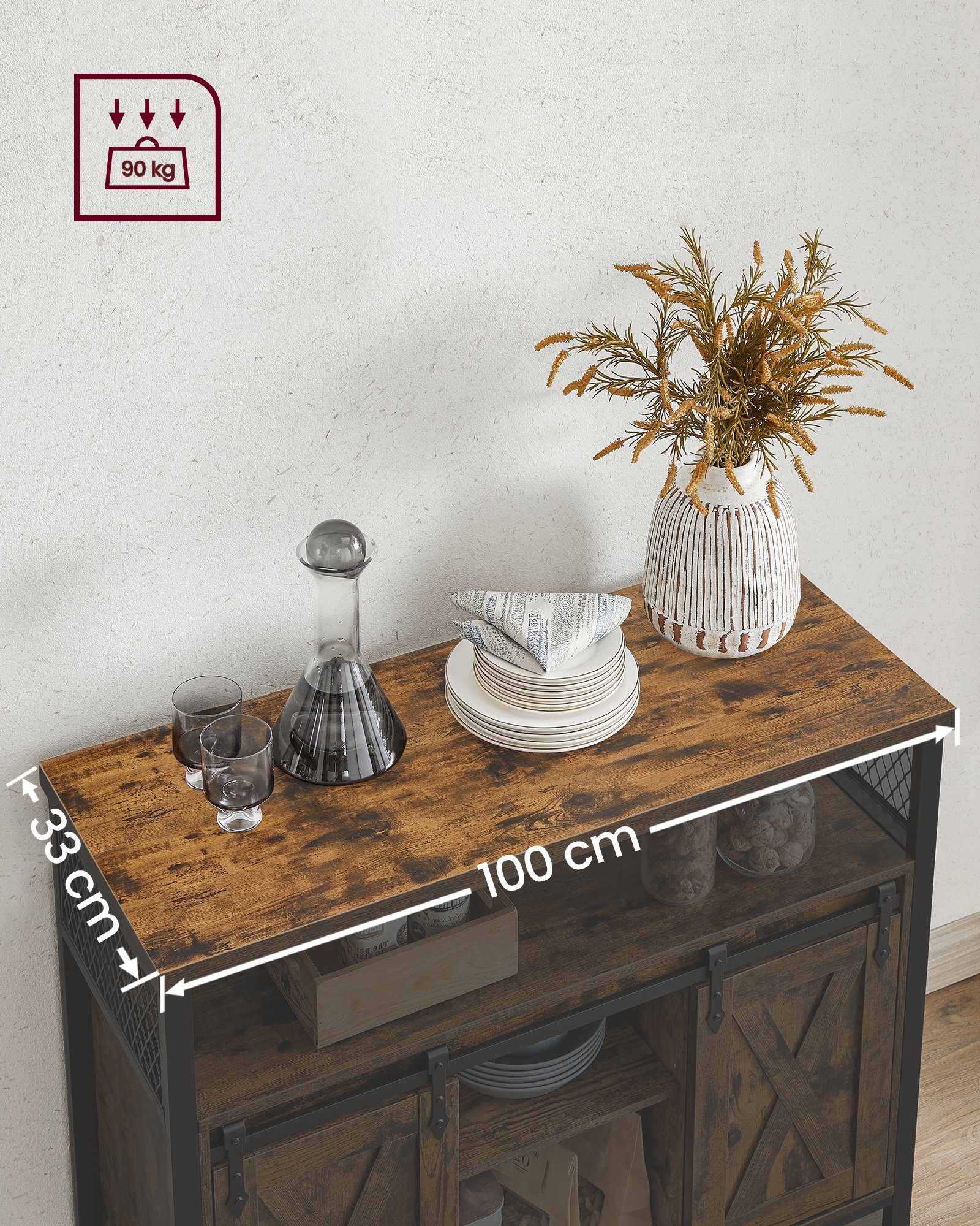 VASAGLE Sideboard Küchenschrank, mit Ablagen Vintagebraun-Schwarz Schiebetüren, 2 verstellbare
