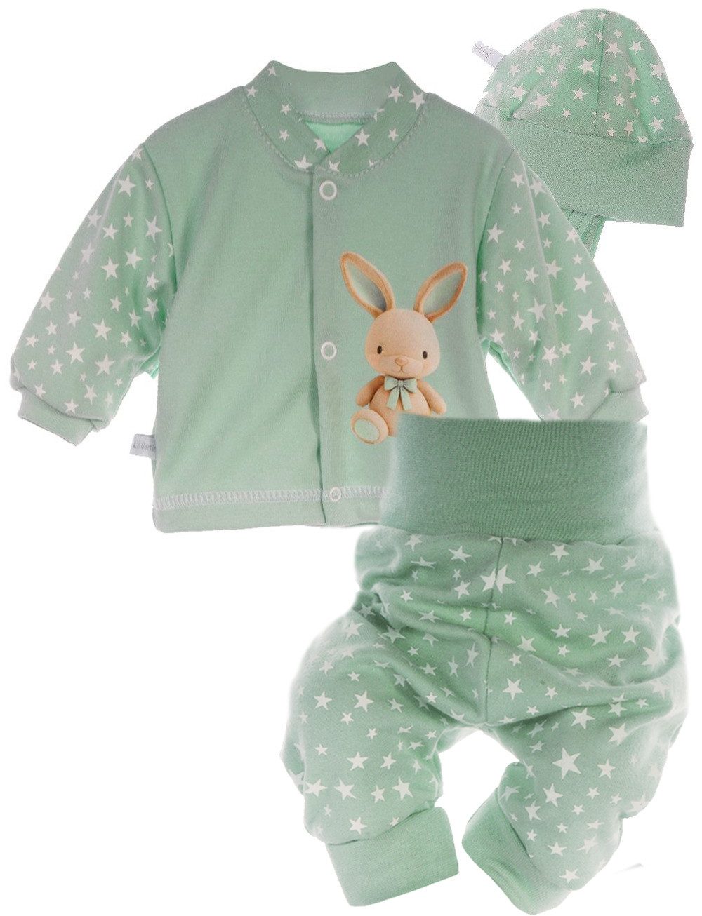 La Bortini Schlupfhose Baby Anzug 3TLG Hemdchen Hose Mütze in Mintgrün mit Hase aus Baumwolle, mit Sternchen, 44 50 56 62 68 74
