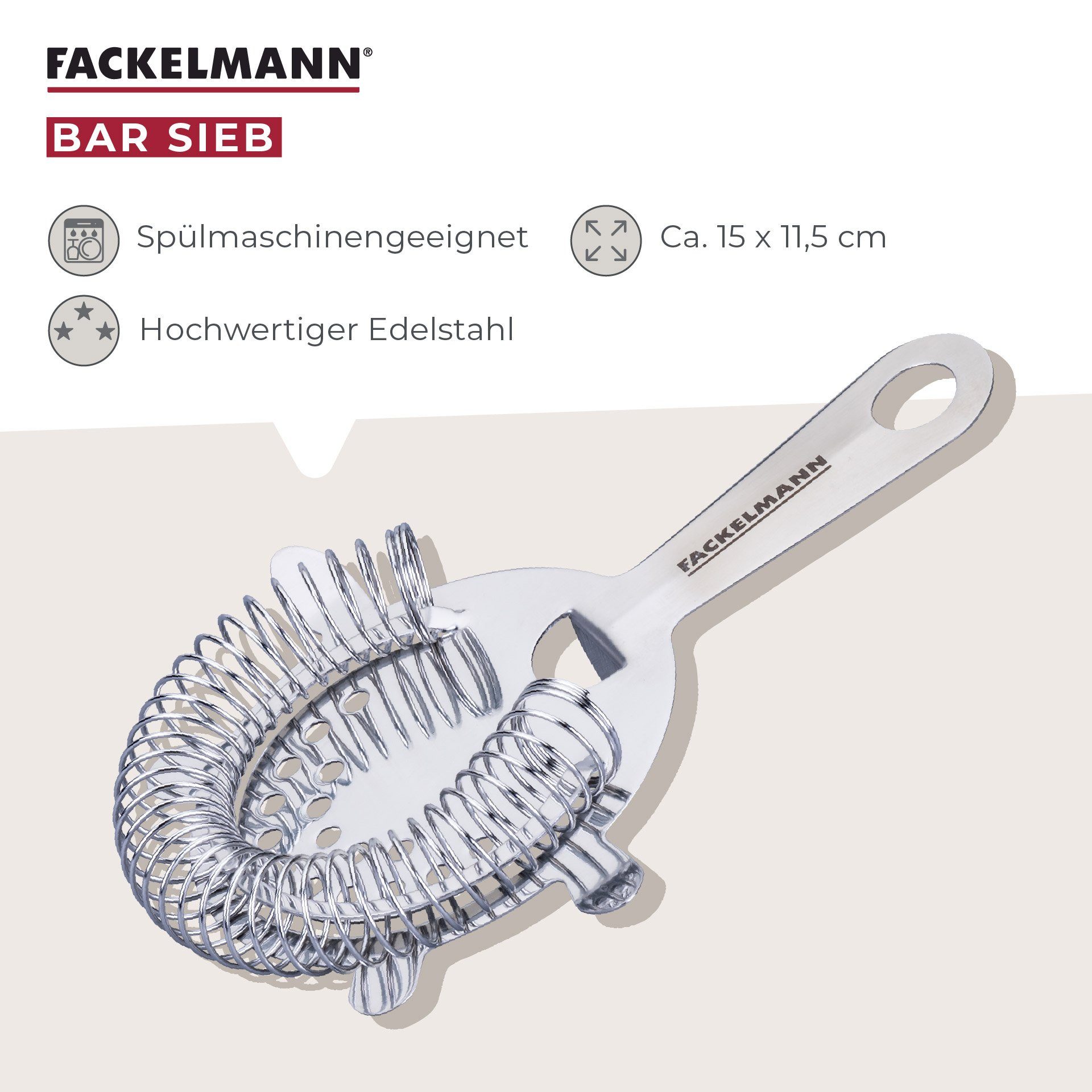 FACKELMANN Küchensieb Bar-Sieb, Cocktail-Sieb, Edelstahl-Filter, Mixgetränke-Sieb