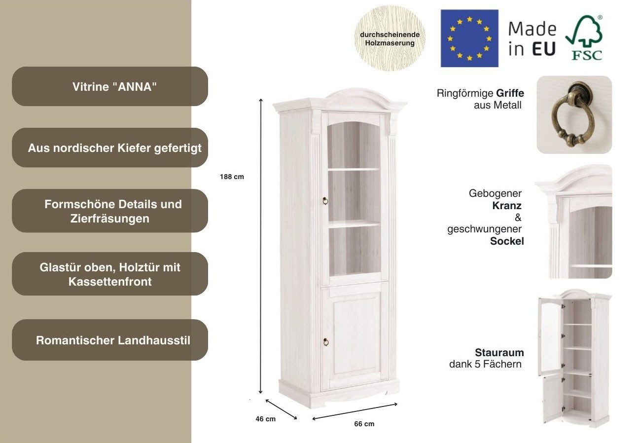 OTTO home Vitrine Anna (Gesamtmaße (B/T/H): ca. 66/46/188 cm) mit Glastür, Höhe 188 cm, Massivholz, mit Zierfräsungen, FSC®